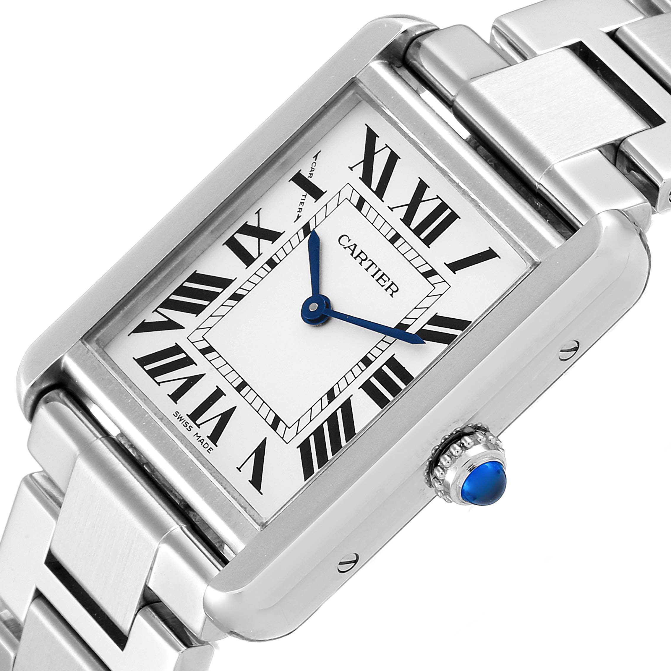The image shows a close-up angle of the Cartier Tank Solo W5200013 Women's Stainless Steel Silver Dial W5200013 Women's Stainless Steel Silver Dial watch, highlighting its face, Roman numerals, and stainless steel bracelet.