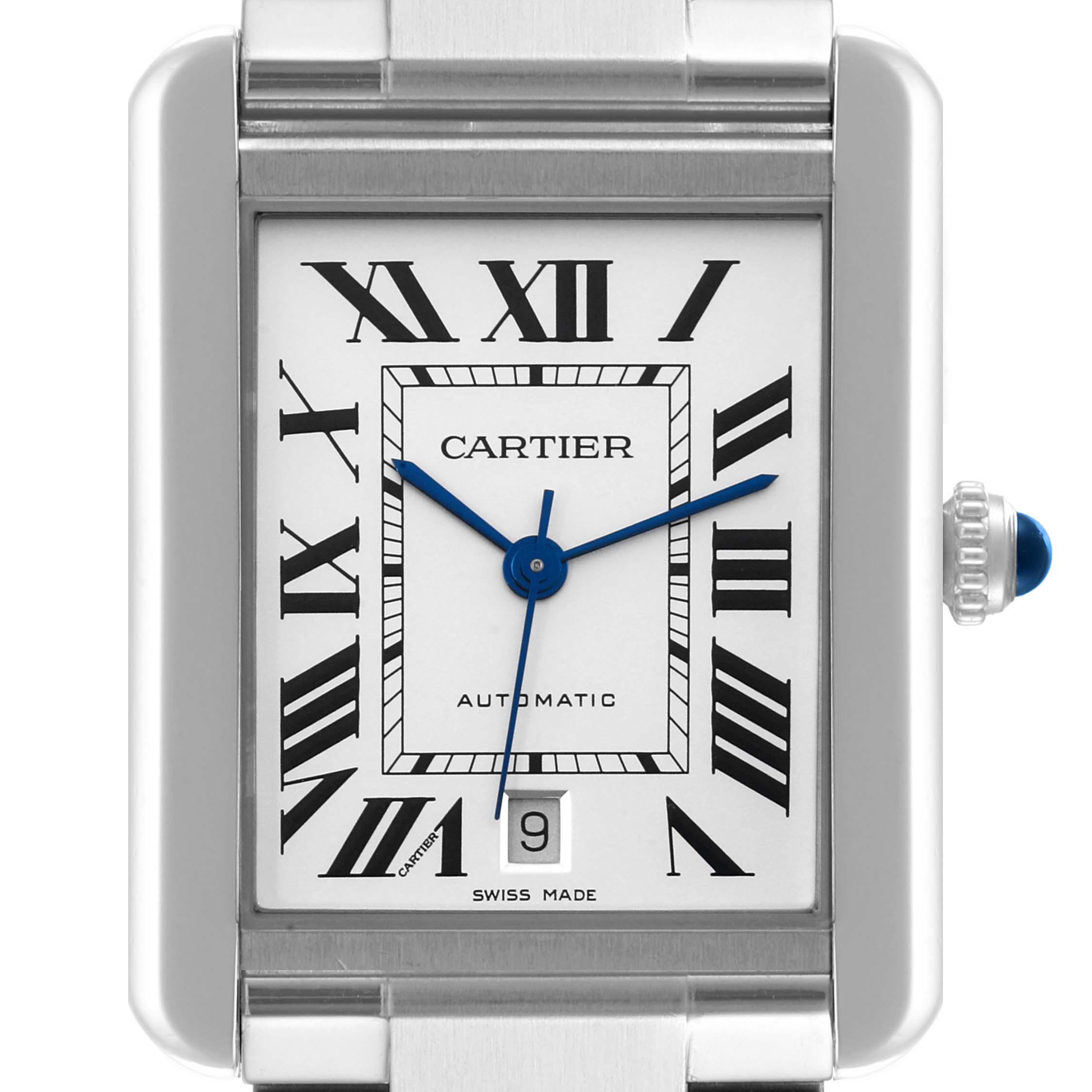 This image shows a close-up front view of the dial and case details of the Cartier Tank Solo W5200028 Men's Stainless Steel Silver Dial W5200028 Men's Stainless Steel Silver Dial watch.