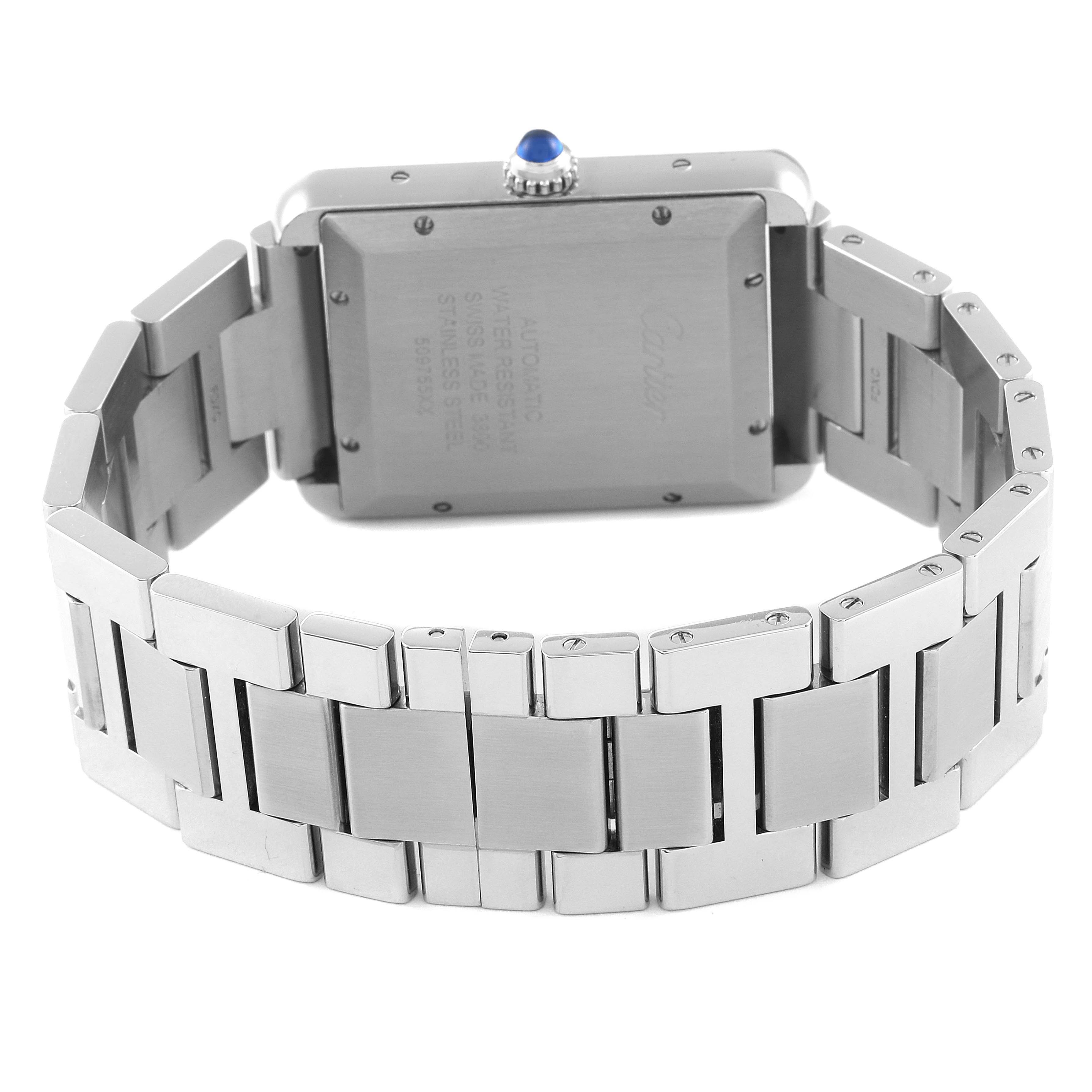 The image shows the back view of a Cartier Tank Solo W5200028 Men's Stainless Steel Silver Dial W5200028 Men's Stainless Steel Silver Dial watch, highlighting its stainless steel bracelet and case back.