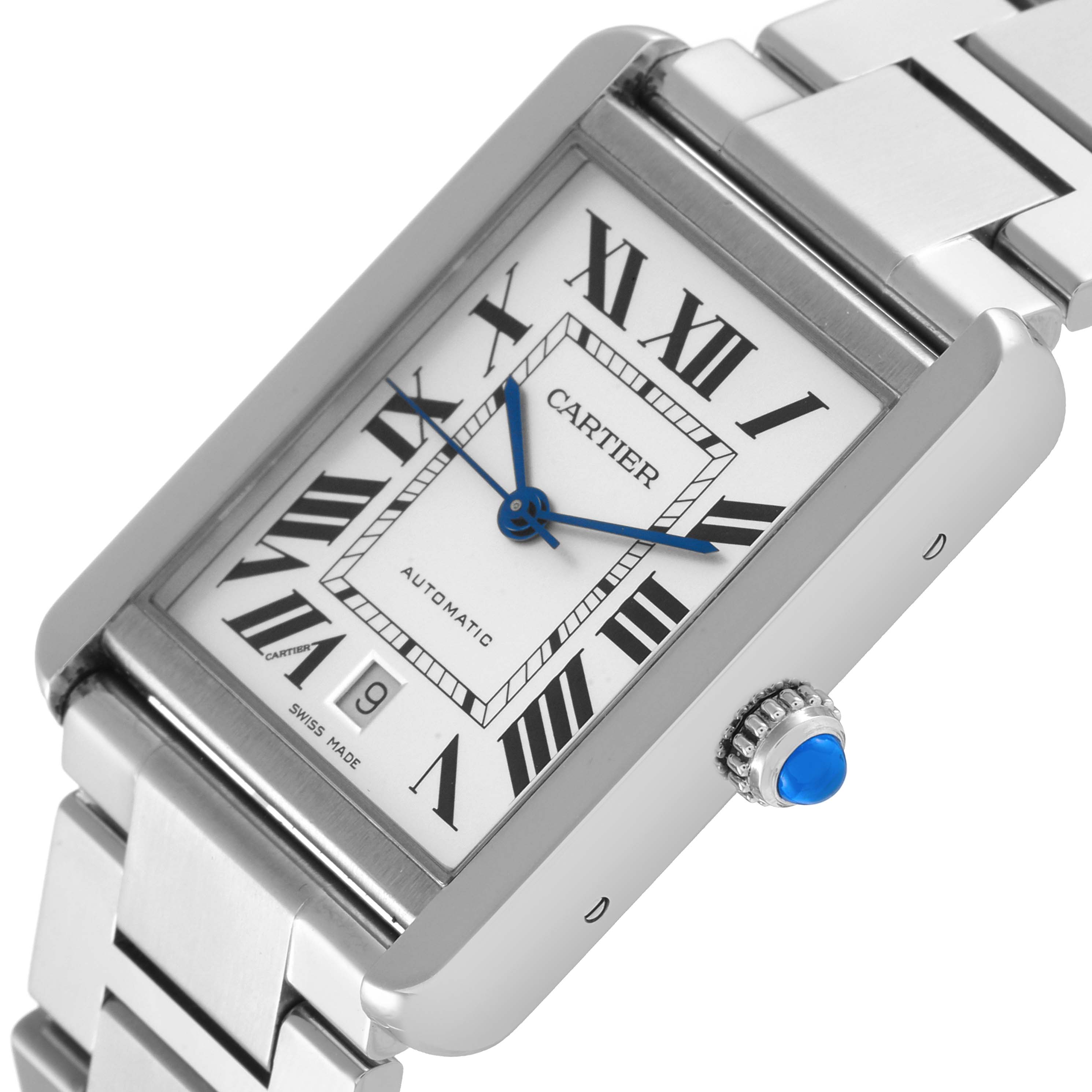 The Cartier Tank Solo W5200028 Men's Stainless Steel Silver Dial W5200028 Men's Stainless Steel Silver Dial watch is shown at an angled close-up, highlighting its face, Roman numerals, blue hands, and the crown with a blue cabochon.