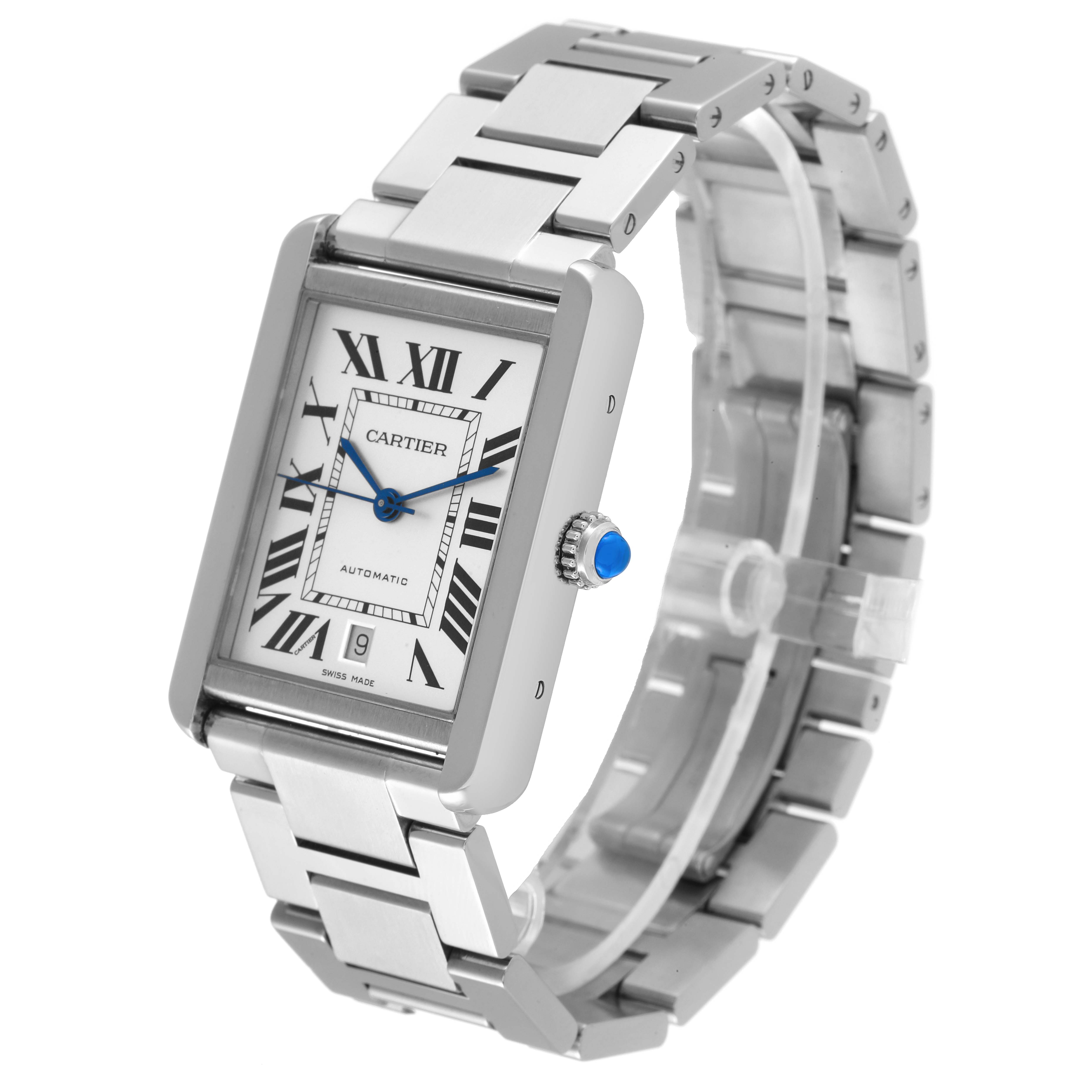 The image shows a Cartier Tank Solo W5200028 Men's Stainless Steel Silver Dial W5200028 Men's Stainless Steel Silver Dial watch at a slight angle, displaying its face, crown, and metal bracelet.