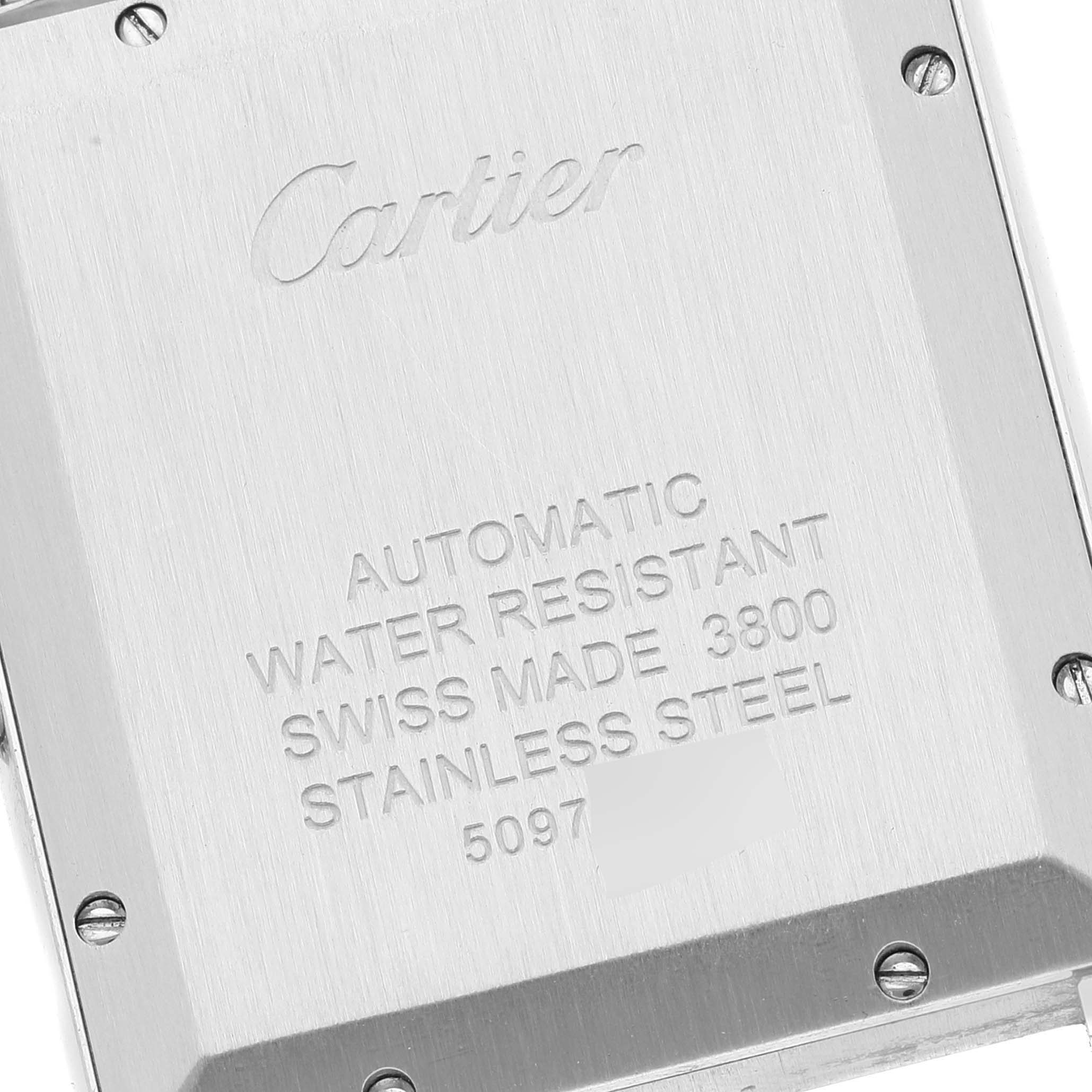 This image shows the back of the Cartier Tank Solo W5200028 Men's Stainless Steel Silver Dial W5200028 Men's Stainless Steel Silver Dial watch, highlighting the brand and specifications.