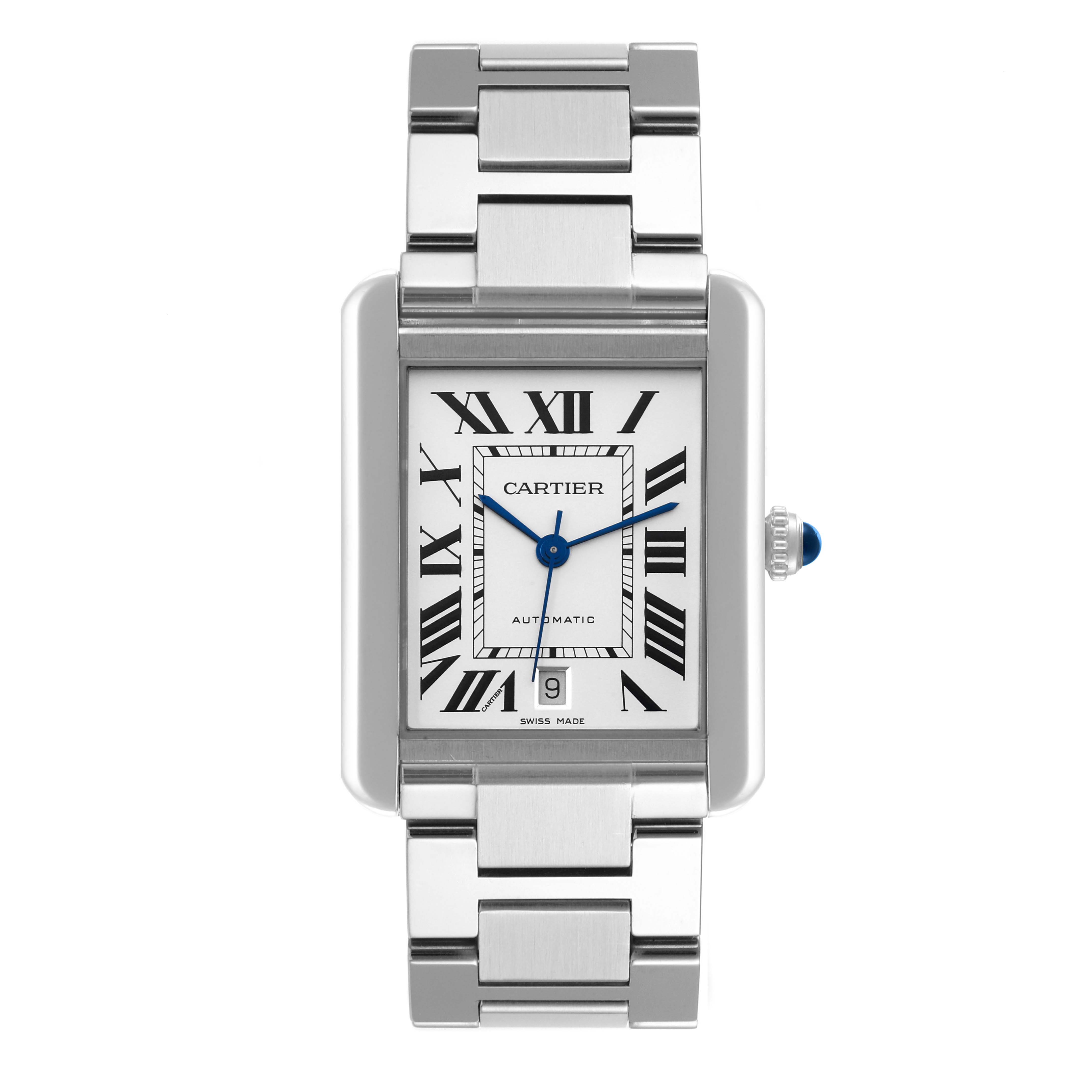 This image shows a front view of a Cartier Tank Solo W5200028 Men's Stainless Steel Silver Dial W5200028 Men's Stainless Steel Silver Dial watch, highlighting its rectangular face, Roman numerals, and metallic strap.
