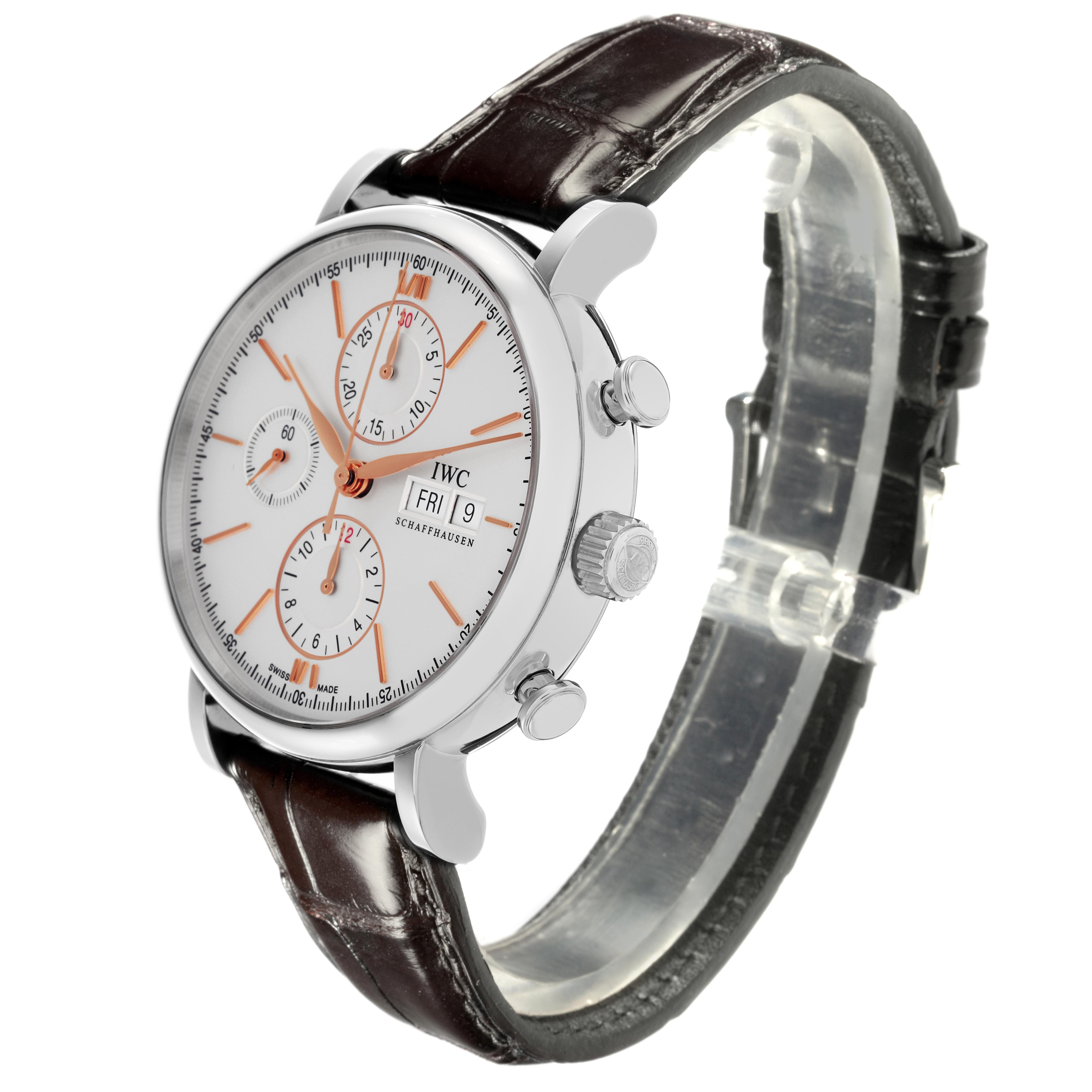 The IWC Portofino IW391022 Men
s Stainless Steel Silver Dial IW391022 Men
s Stainless Steel Silver Dial watch is shown from a front-right angle, highlighting the dial, crown, pushers, and brown leather strap.