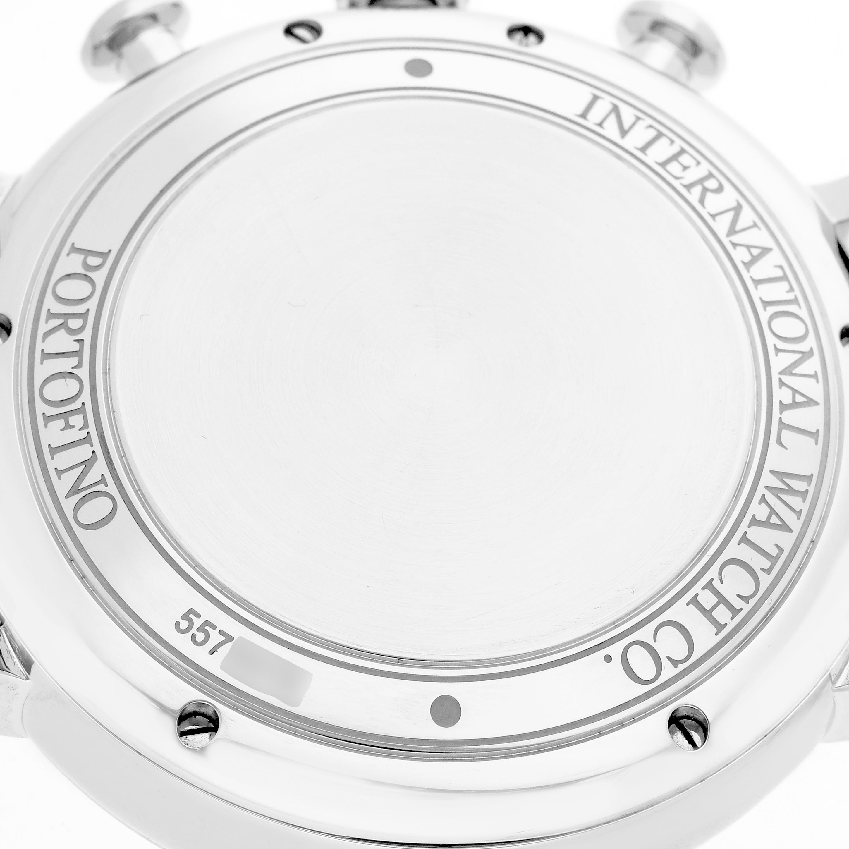 The image shows the back casing of an IWC Portofino IW391022 Men
s Stainless Steel Silver Dial IW391022 Men
s Stainless Steel Silver Dial watch, highlighting the brand and model name.