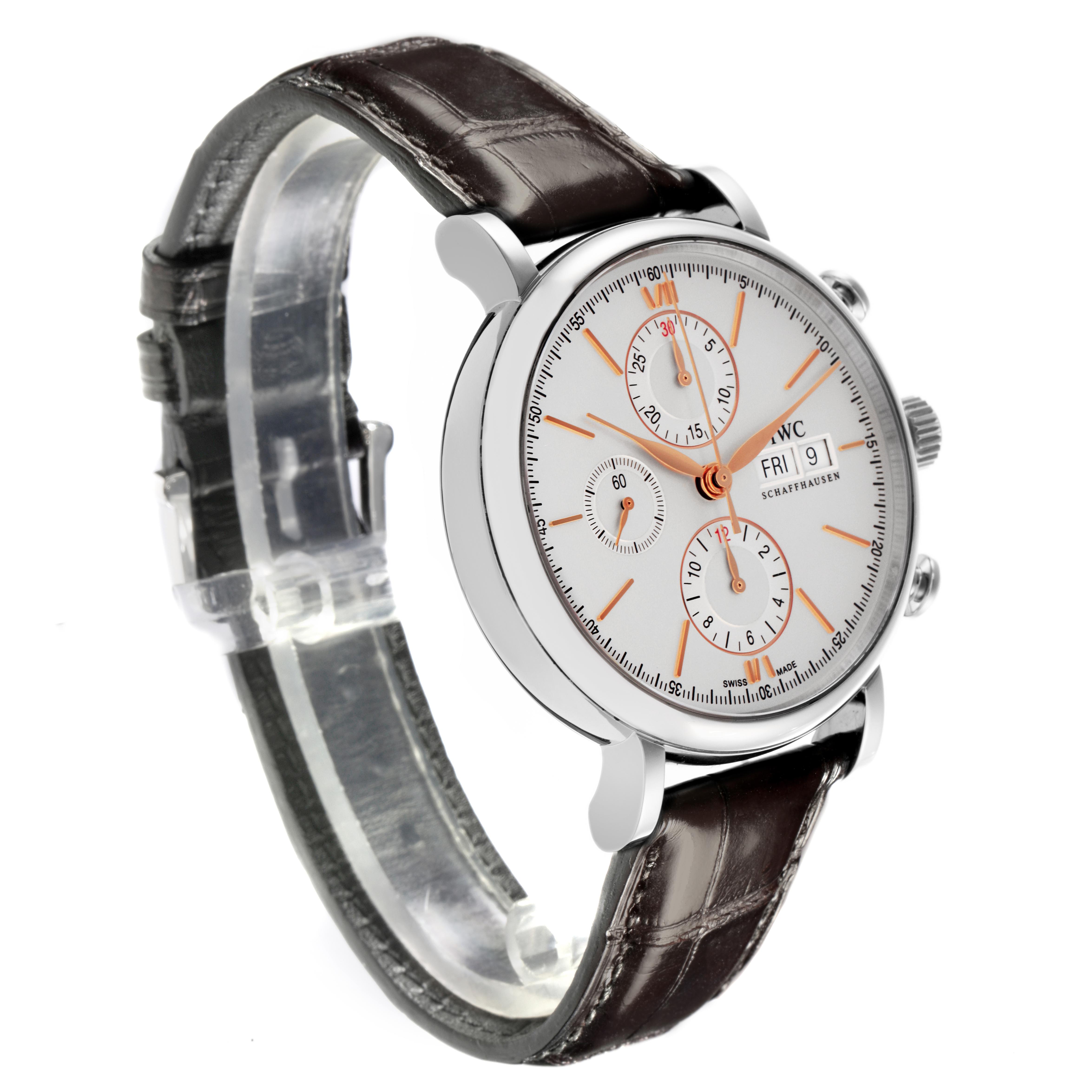 The IWC Portofino IW391022 Men
s Stainless Steel Silver Dial IW391022 Men
s Stainless Steel Silver Dial watch is shown at a slight angle, displaying the face, crown, chronograph dials, and leather strap.