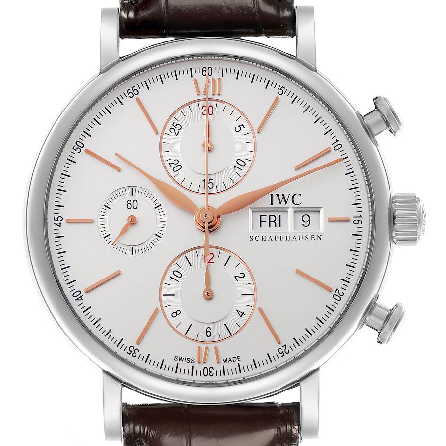 The IWC Portofino watch is shown from the front, highlighting its dials, indices, chronograph subdials, date display, and crown.
