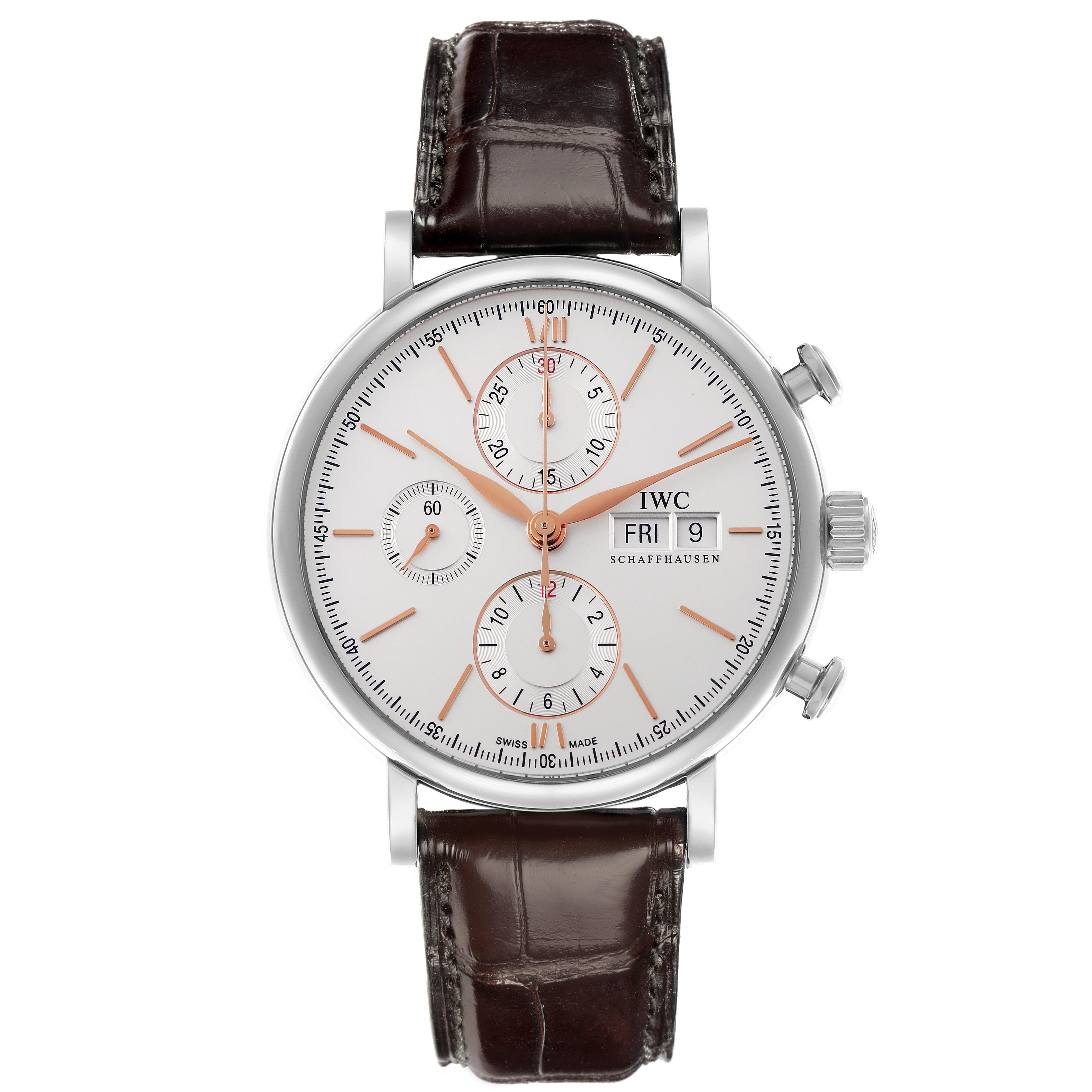 The IWC Portofino IW391022 Men
s Stainless Steel Silver Dial IW391022 Men
s Stainless Steel Silver Dial watch is shown from a front angle, highlighting its dial, sub-dials, and leather strap.