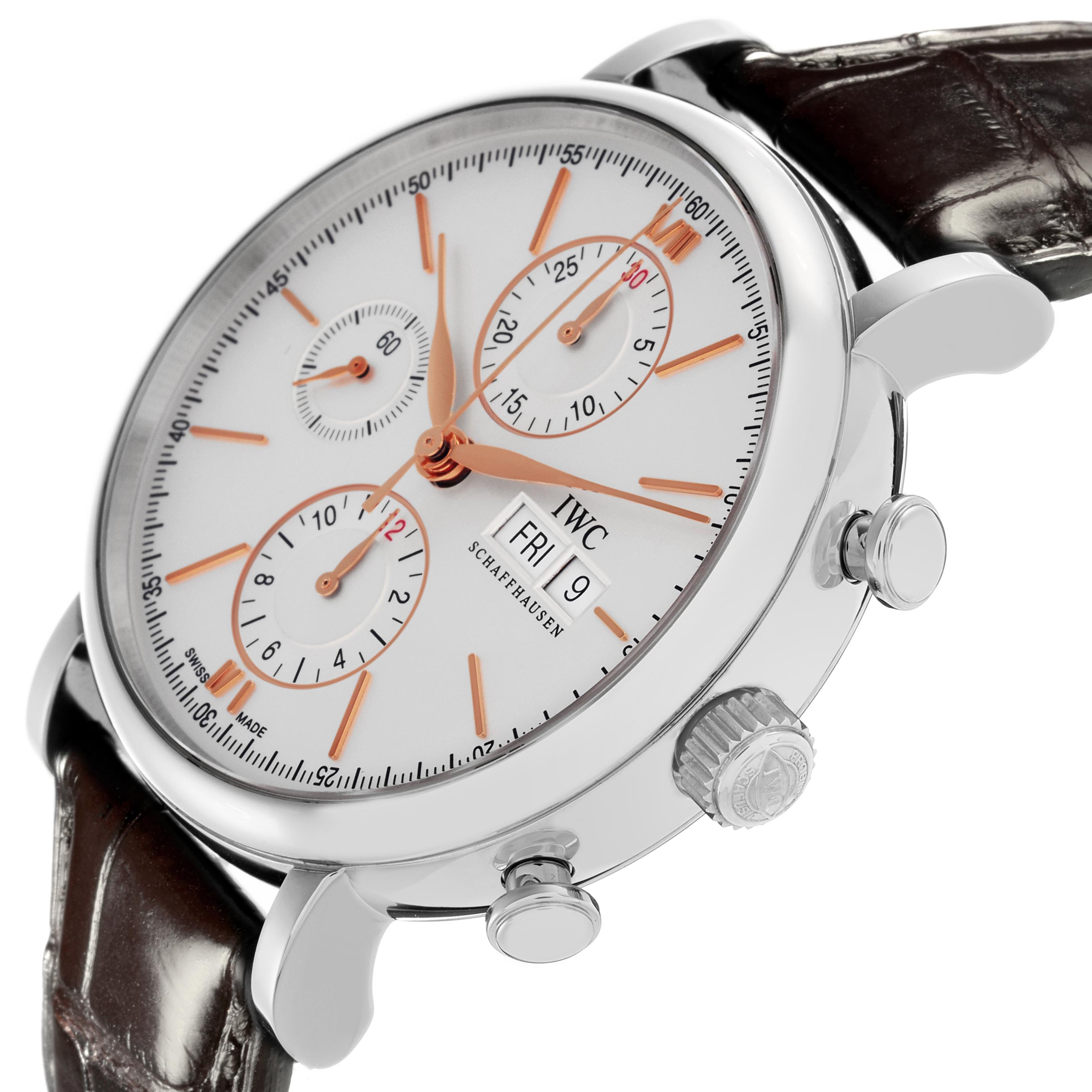 The IWC Portofino IW391022 Men
s Stainless Steel Silver Dial IW391022 Men
s Stainless Steel Silver Dial watch is shown from a side angle, highlighting the dial, subdials, crown, pushers, and leather strap.