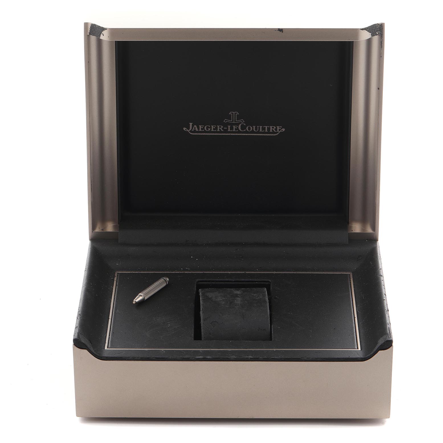 The image shows an open watch box for the Jaeger LeCoultre Master Q1378420 Men
s Stainless Steel Silver Dial Q1378420 Men
s Stainless Steel Silver Dial model, featuring a cushioned interior and a small tool.