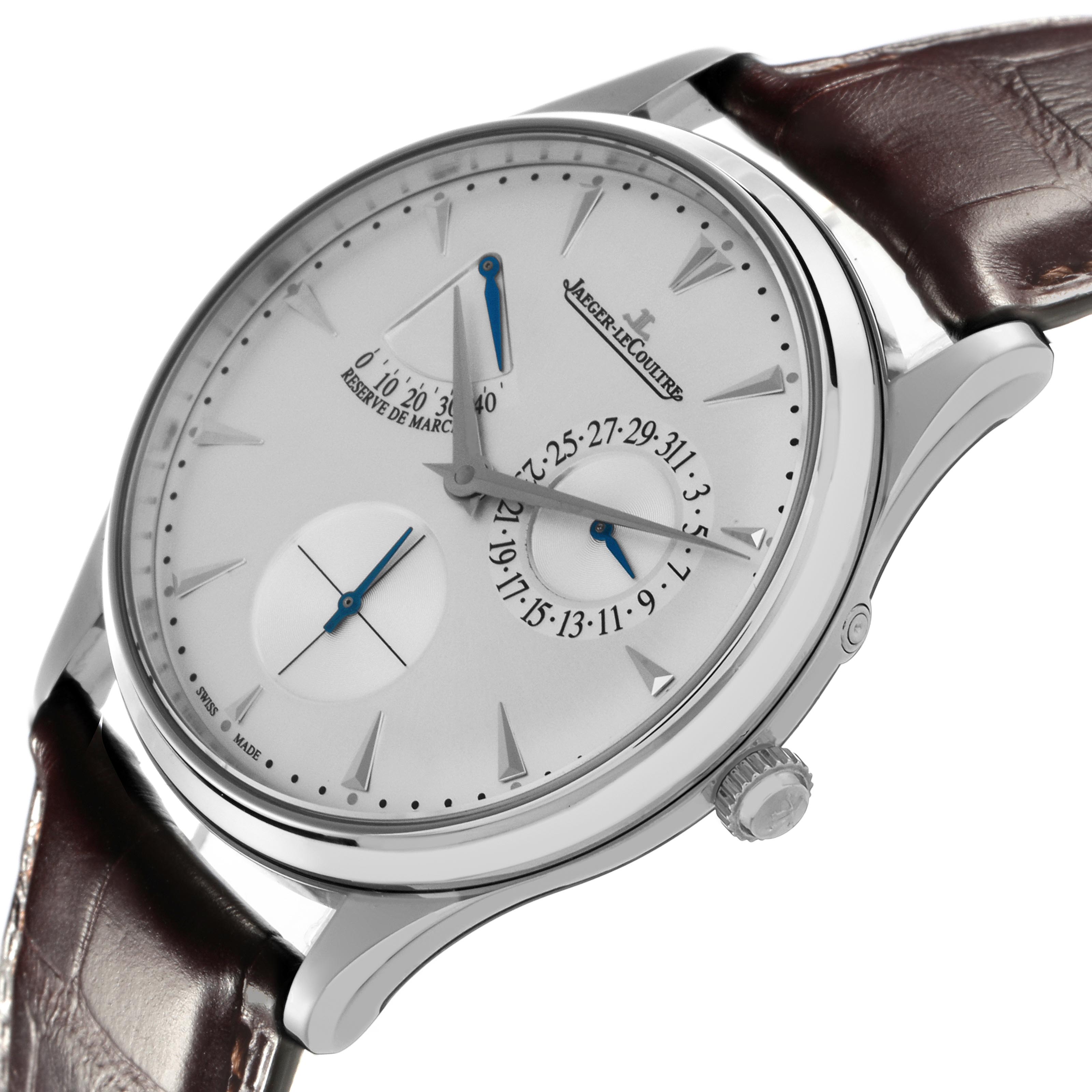 The Jaeger LeCoultre Master Q1378420 Men
s Stainless Steel Silver Dial Q1378420 Men
s Stainless Steel Silver Dial watch is shown at an angled close-up, highlighting its face, dial, and crown.