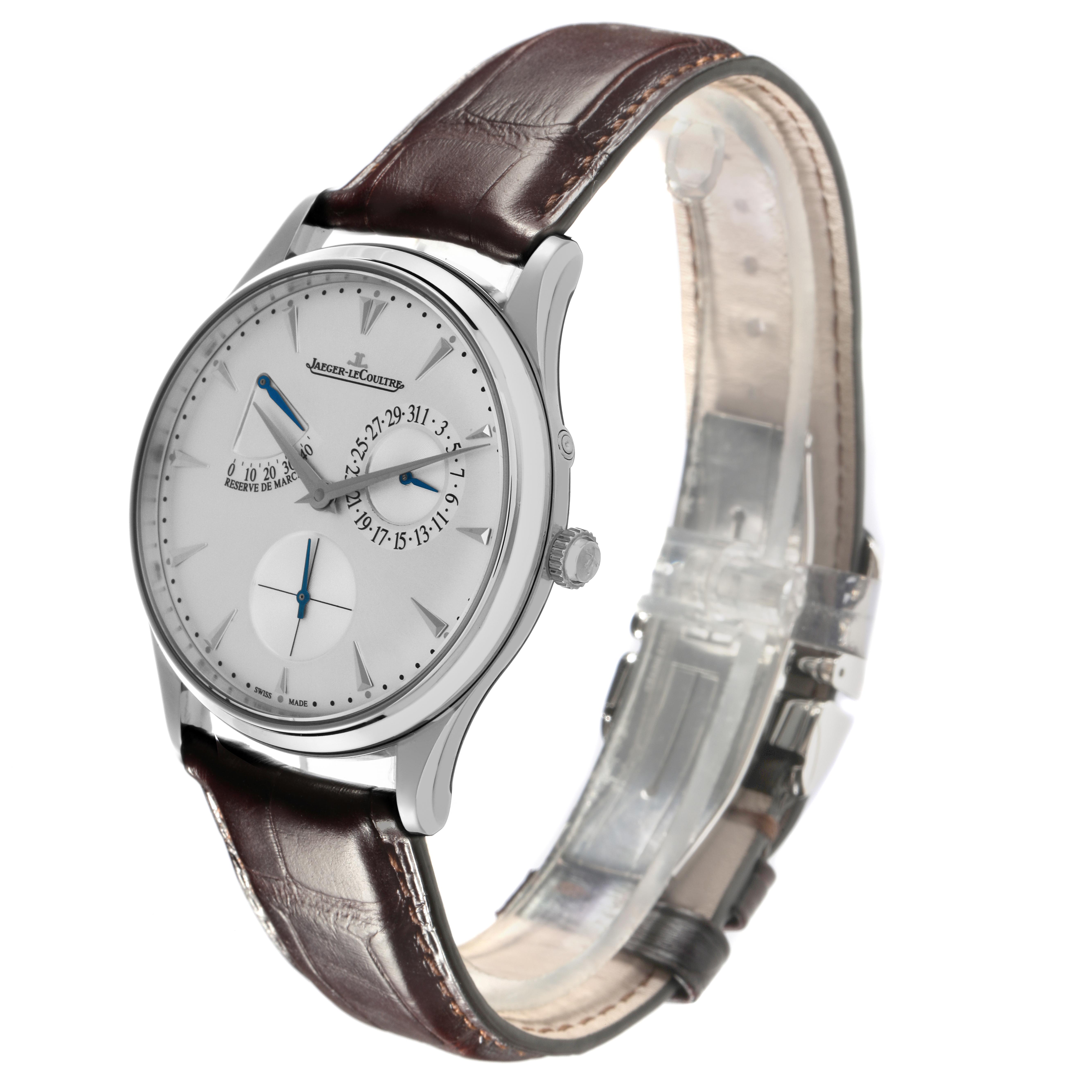 The Jaeger LeCoultre Master Q1378420 Men
s Stainless Steel Silver Dial Q1378420 Men
s Stainless Steel Silver Dial model watch is shown at a three-quarter angle, highlighting the face, crown, and leather strap.