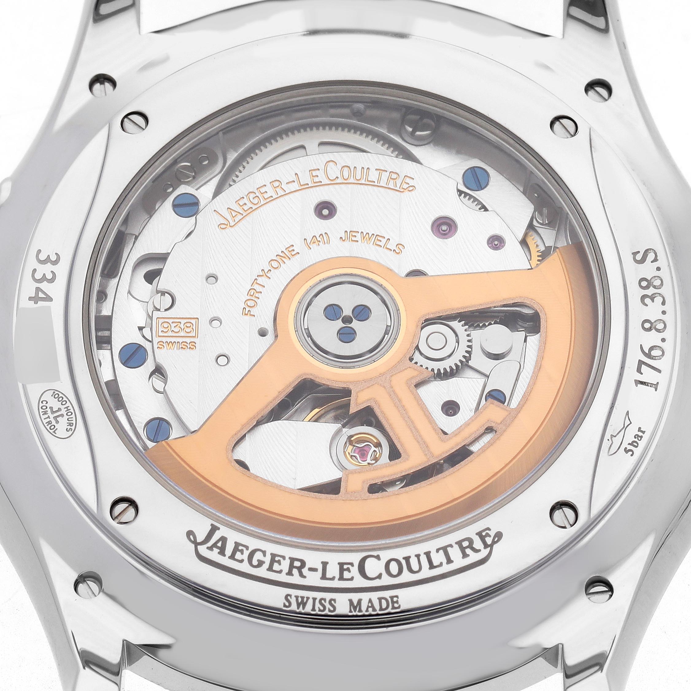The image shows the back of a Jaeger-LeCoultre Master model, highlighting its movement and rotor.
