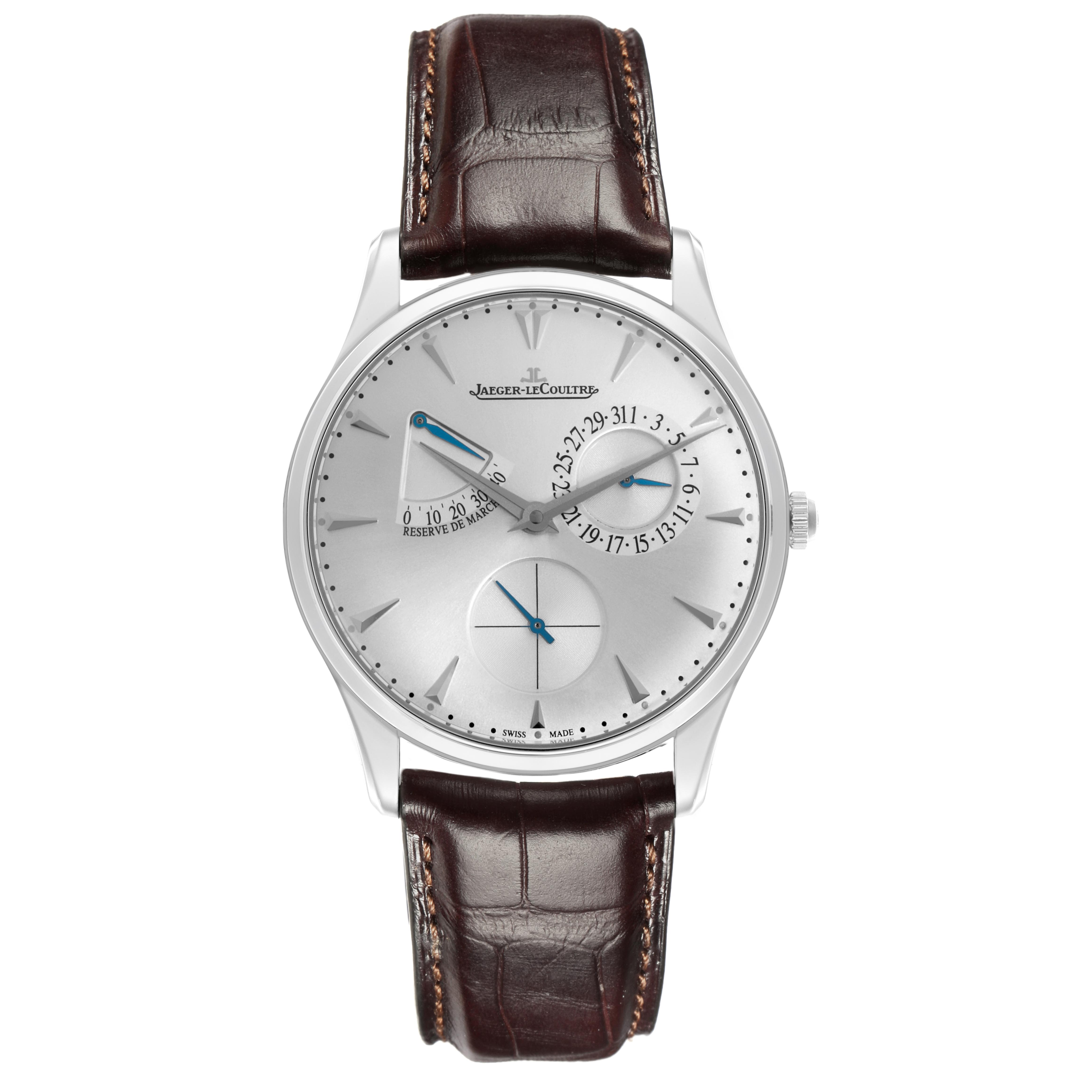 The Jaeger-LeCoultre Master watch is shown from a top-down angle, displaying its full face and leather strap.