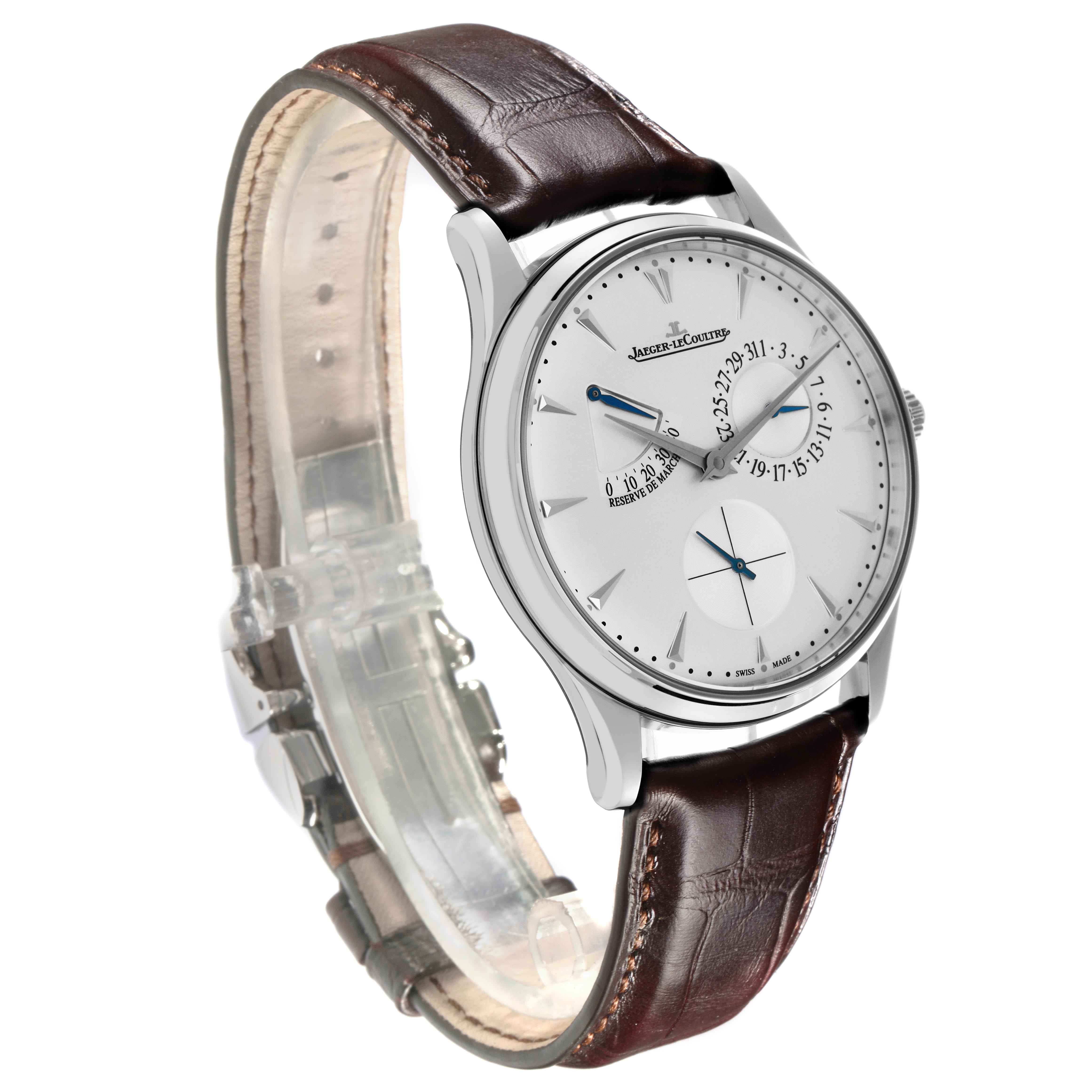 The Jaeger LeCoultre Master Q1378420 Men
s Stainless Steel Silver Dial Q1378420 Men
s Stainless Steel Silver Dial watch is shown at an angle highlighting the dial, case, and brown leather strap.