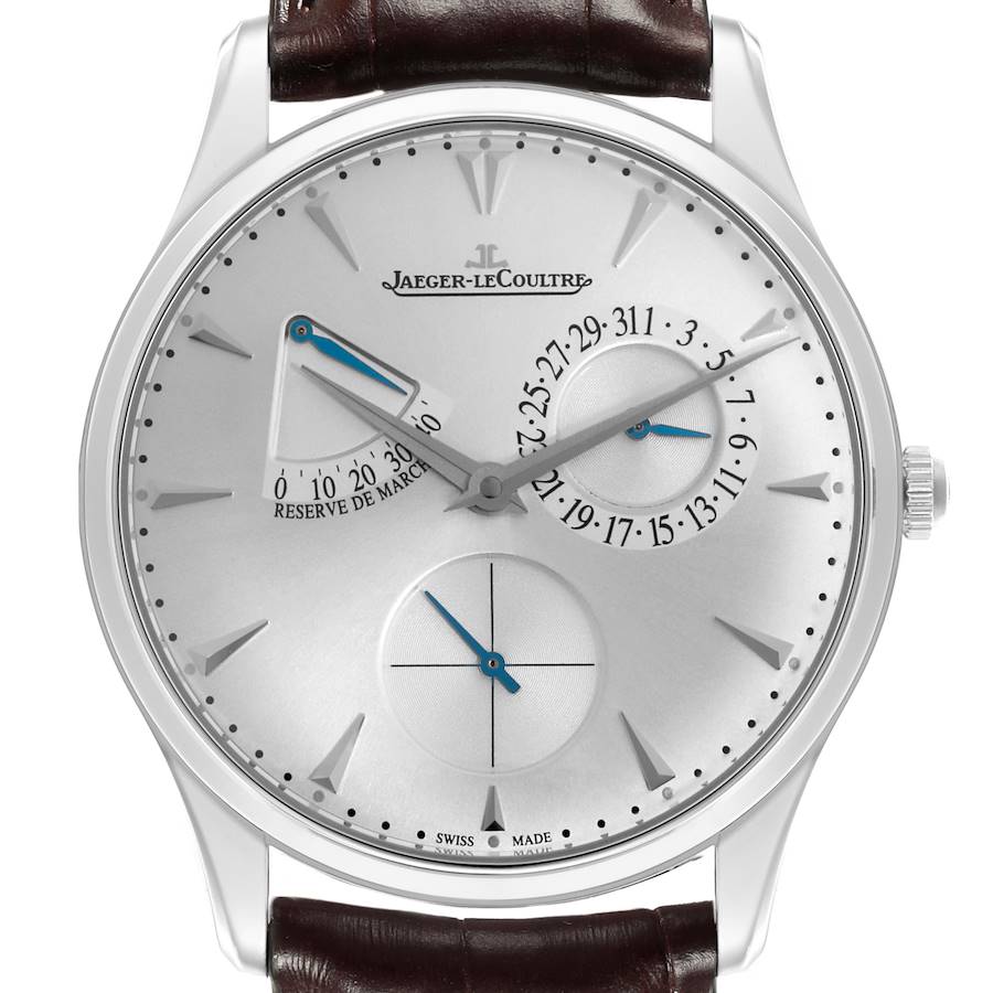 The Jaeger-LeCoultre Master watch is shown from a front view, highlighting the dial, markers, date, subdials, and brown leather strap.