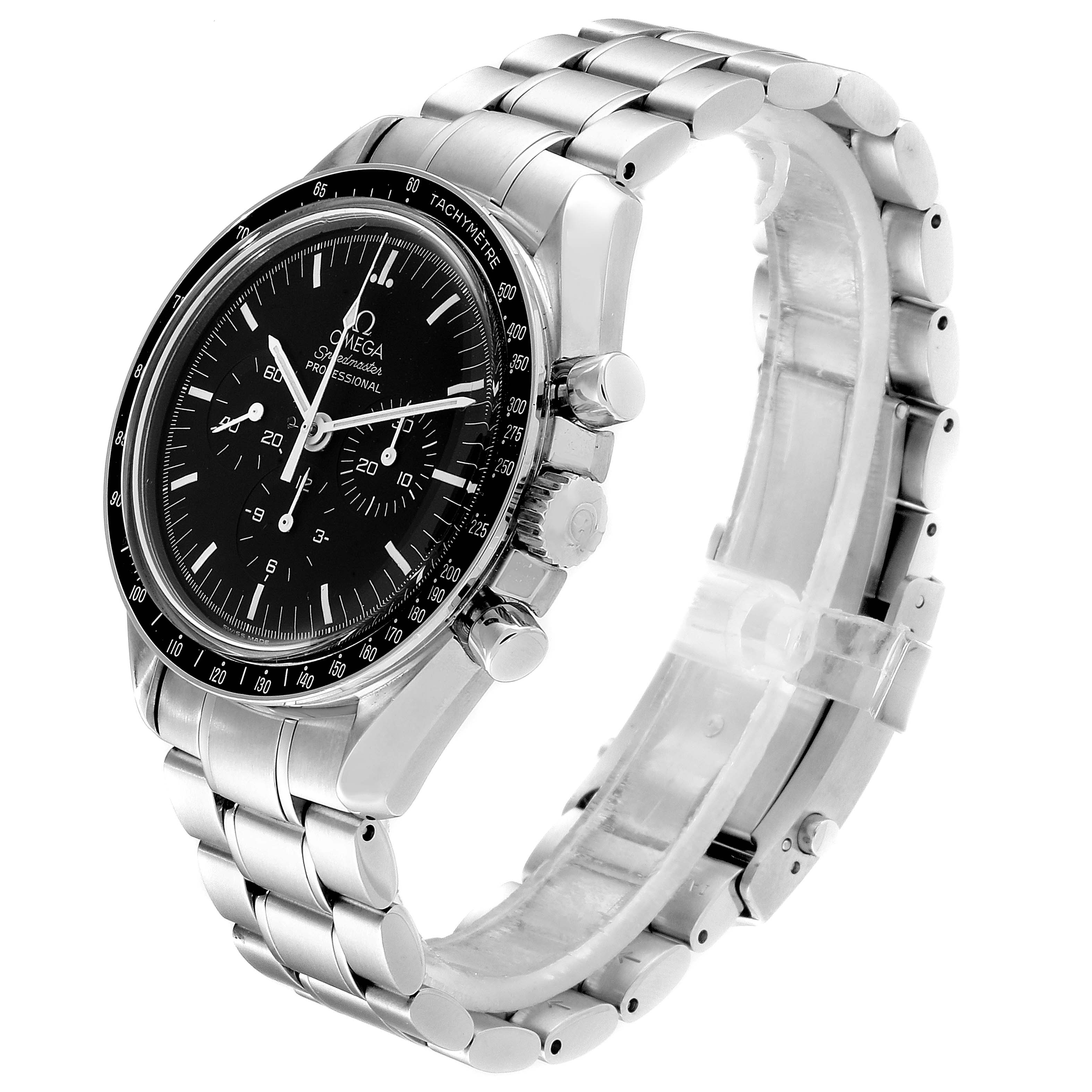 This image shows an Omega Speedmaster 3570.50.00  Men
s Stainless Steel Black Dial 3570.50.00  Men
s Stainless Steel Black Dial watch at a three-quarter angle, highlighting the dial, bracelet, and side pushers.