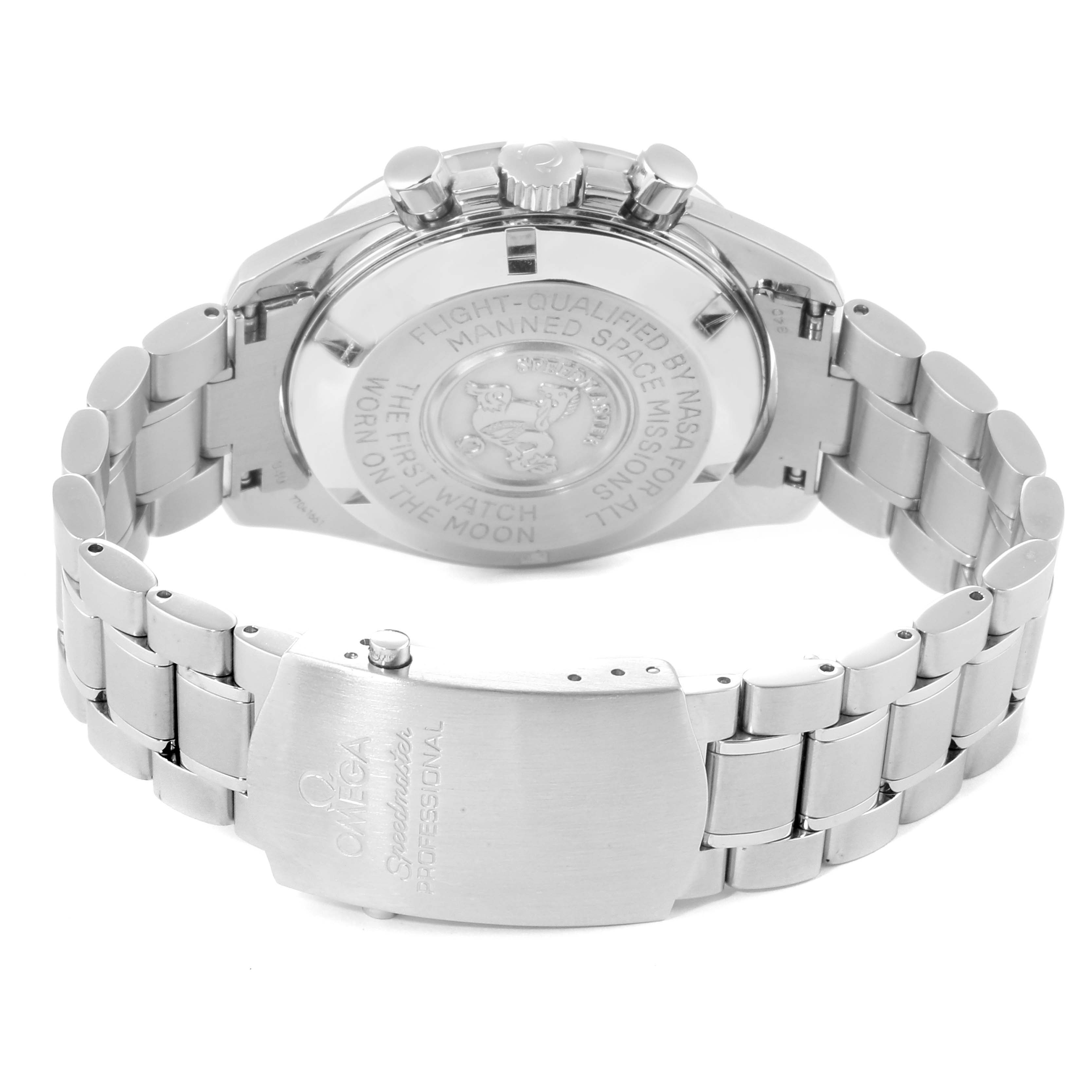 This image shows the back view of the Omega Speedmaster 3570.50.00  Men
s Stainless Steel Black Dial 3570.50.00  Men
s Stainless Steel Black Dial watch, including its bracelet, clasp, and case back.