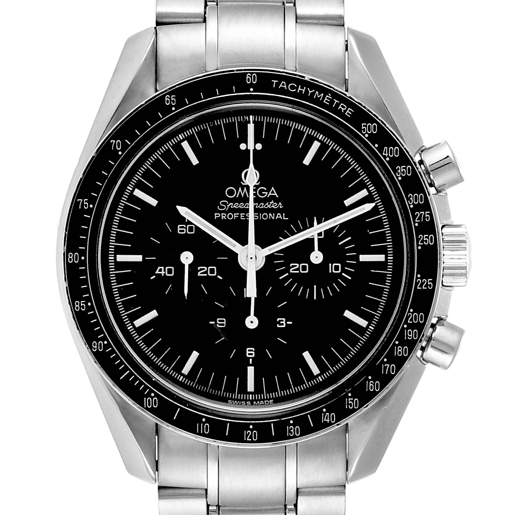 The image shows the front view of an Omega Speedmaster 3570.50.00  Men
s Stainless Steel Black Dial 3570.50.00  Men
s Stainless Steel Black Dial watch, highlighting its dial, bezel, and stainless steel bracelet.