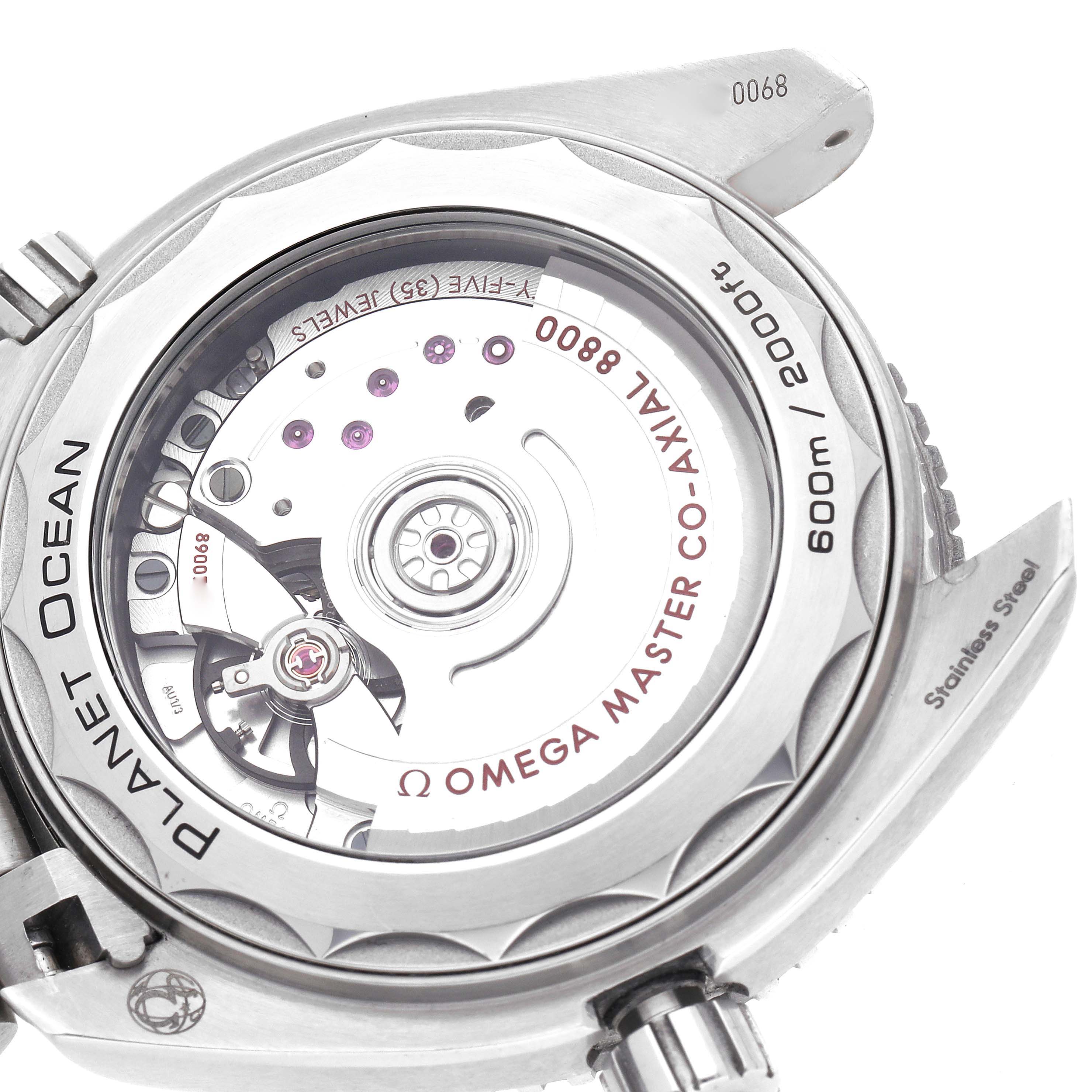 The image shows the case back of the Omega Planet Ocean 215.30.40.20.01.001 Men
s Stainless Steel Black Dial 215.30.40.20.01.001 Men
s Stainless Steel Black Dial, revealing the intricate movement inside.