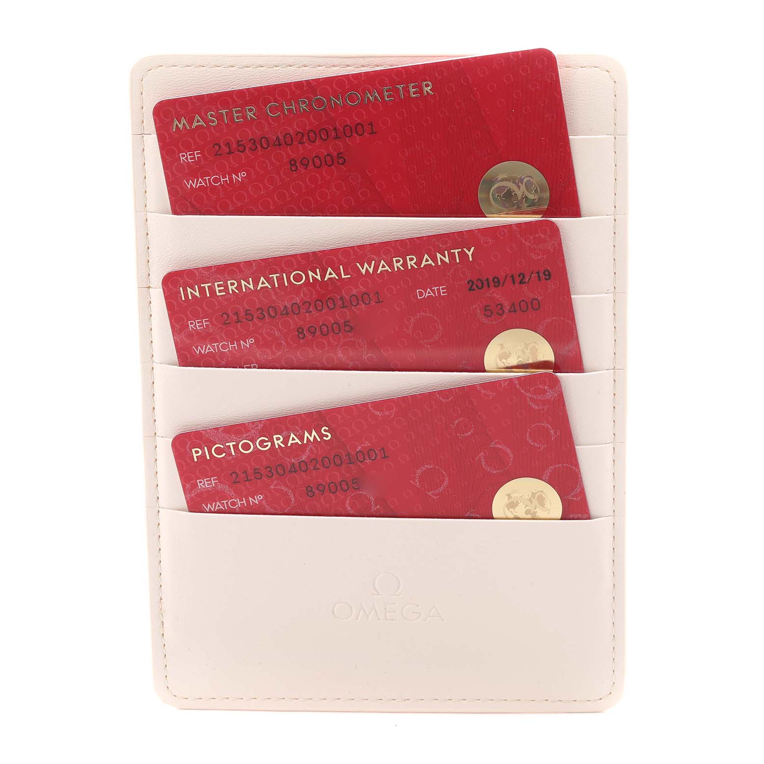 The image shows Omega Planet Ocean 215.30.40.20.01.001 Men
s Stainless Steel Black Dial 215.30.40.20.01.001 Men
s Stainless Steel Black Dial model warranty cards in a leather cardholder.