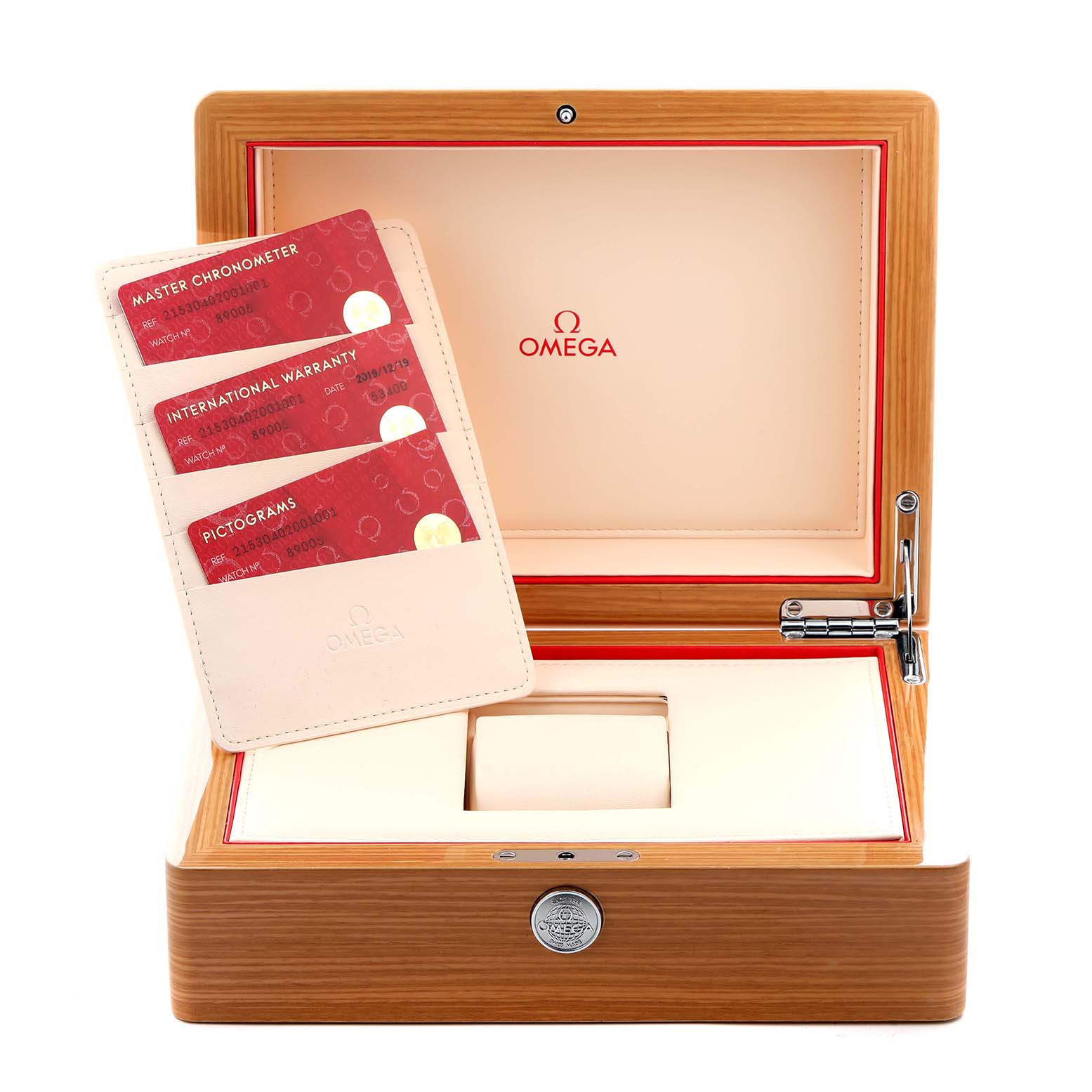 The image shows the Omega Planet Ocean 215.30.40.20.01.001 Men
s Stainless Steel Black Dial 215.30.40.20.01.001 Men
s Stainless Steel Black Dial watch box with cards for Master Chronometer, International Warranty, and Pictograms.