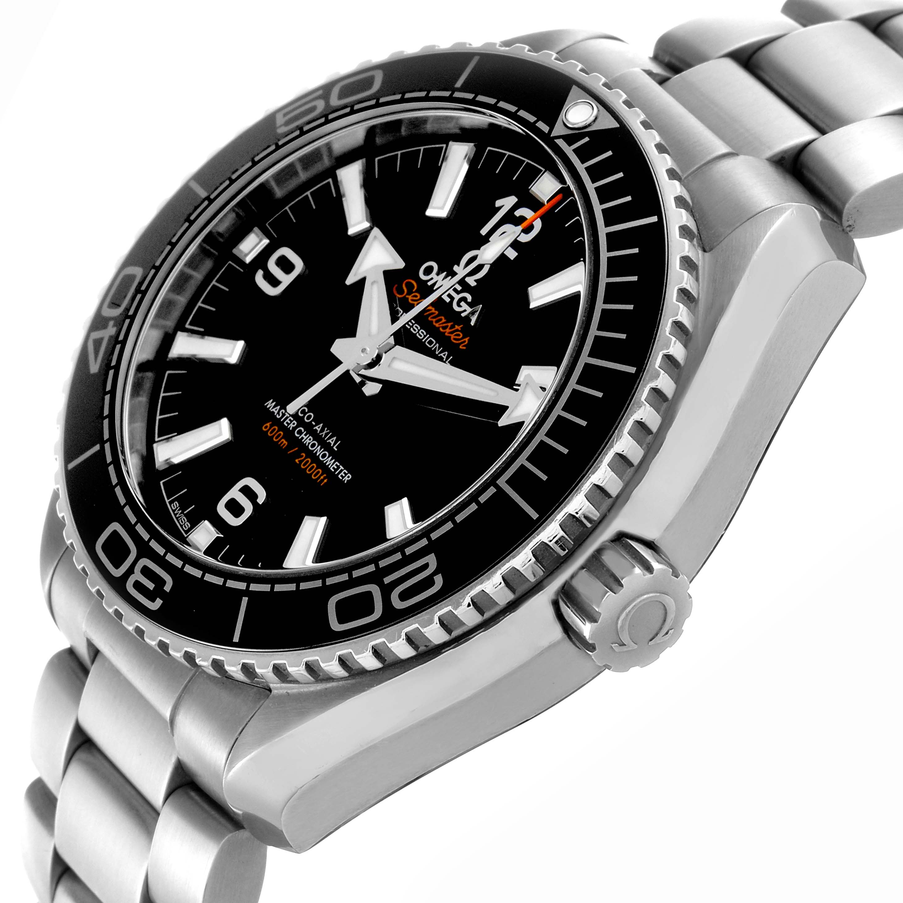 The Omega Planet Ocean 215.30.40.20.01.001 Men
s Stainless Steel Black Dial 215.30.40.20.01.001 Men
s Stainless Steel Black Dial watch is shown at a side angle, highlighting the bezel, crown, and bracelet.