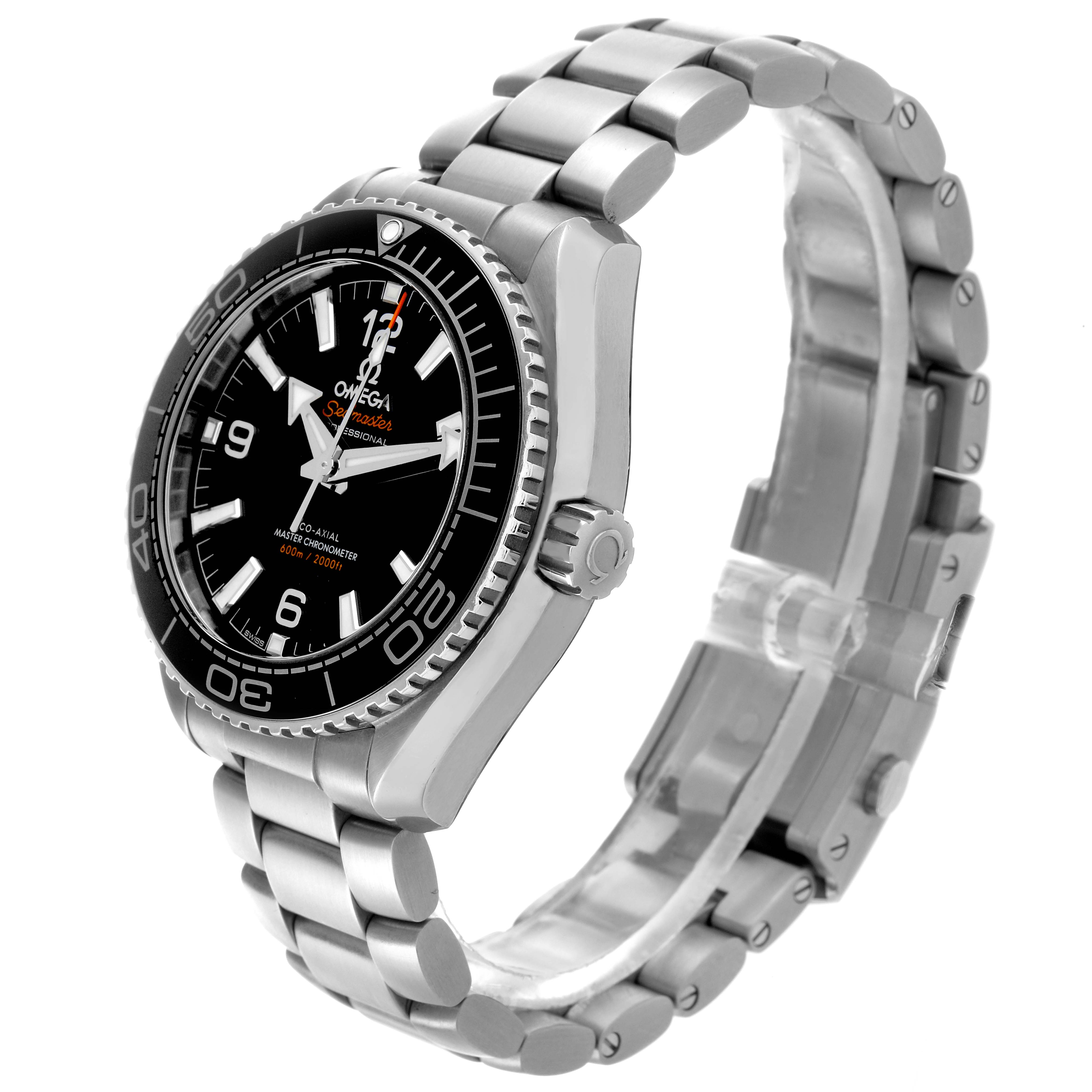 The Omega Planet Ocean 215.30.40.20.01.001 Men
s Stainless Steel Black Dial 215.30.40.20.01.001 Men
s Stainless Steel Black Dial watch is shown at a slight angle, highlighting the face, bezel, crown, and part of the bracelet.