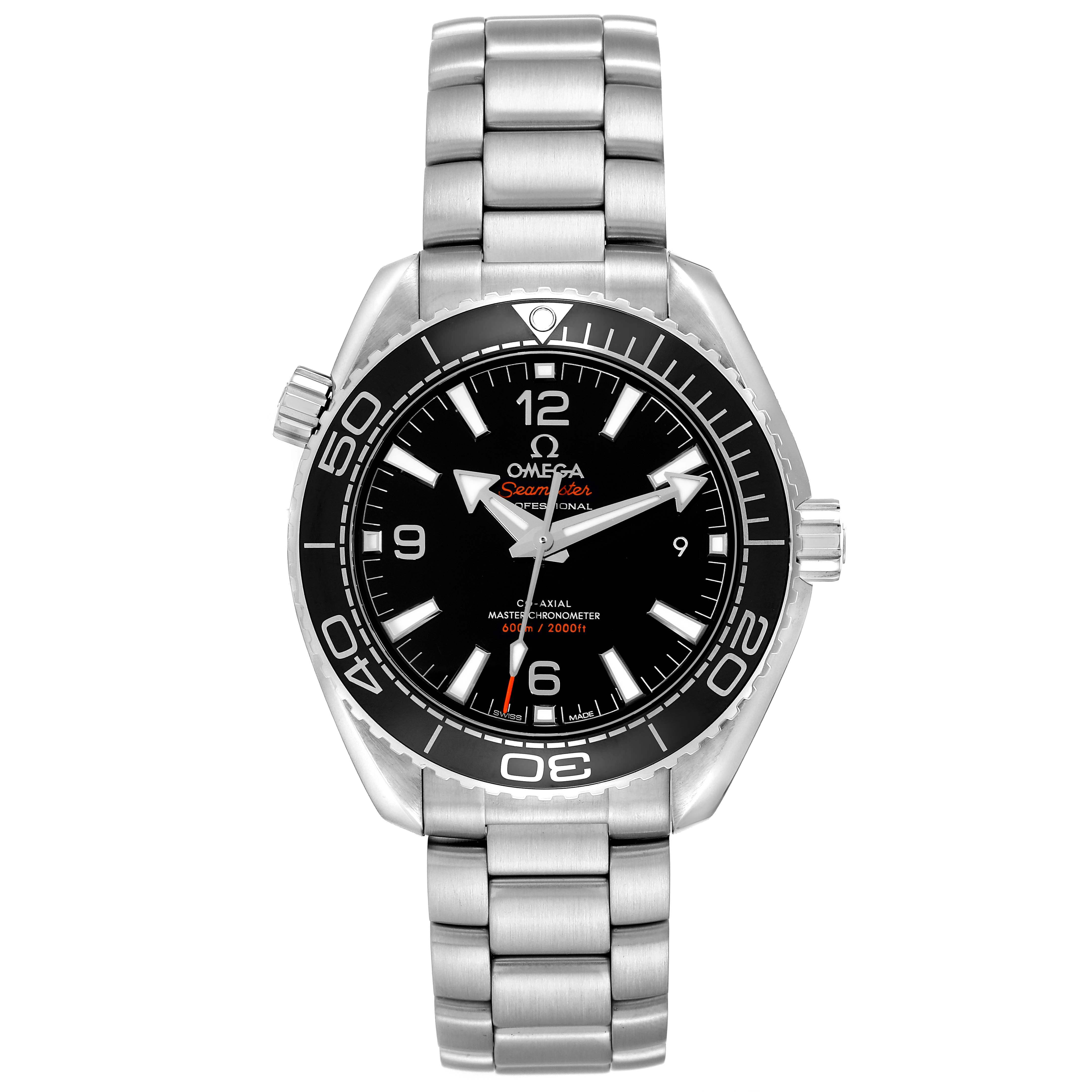 The Omega Planet Ocean 215.30.40.20.01.001 Men
s Stainless Steel Black Dial 215.30.40.20.01.001 Men
s Stainless Steel Black Dial watch is shown from a front angle, highlighting its face, bezel, crown, and stainless steel bracelet.