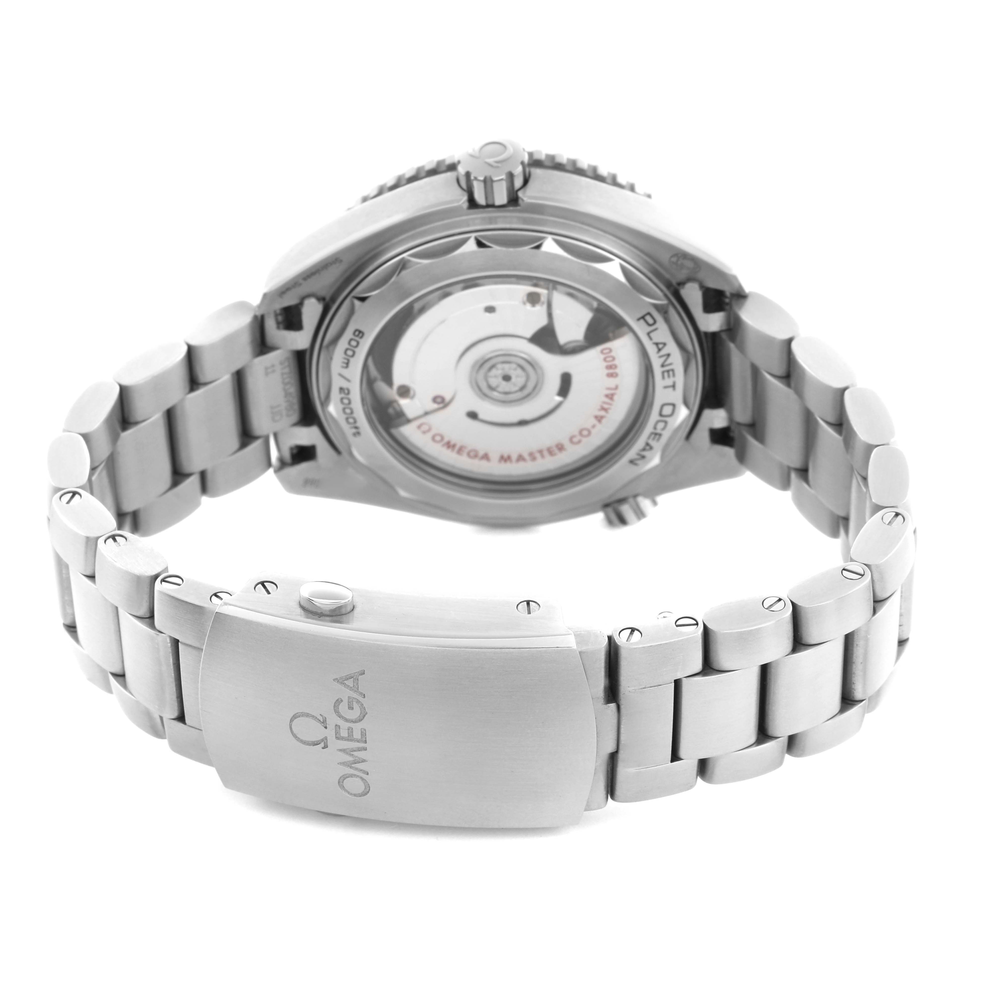 The image shows the back and bracelet of the Omega Planet Ocean 215.30.40.20.01.001 Men
s Stainless Steel Black Dial 215.30.40.20.01.001 Men
s Stainless Steel Black Dial watch, highlighting the case back and clasp.