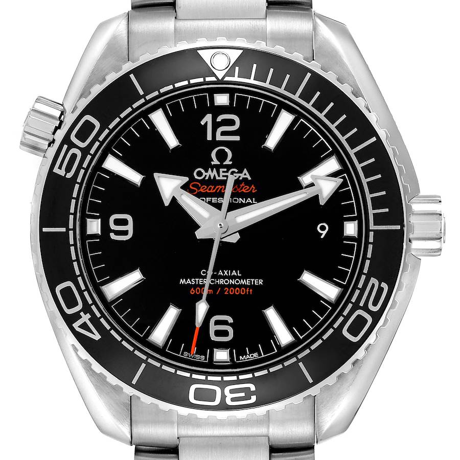 The Omega Planet Ocean watch is shown from a front angle, highlighting the face, bezel, and bracelet.