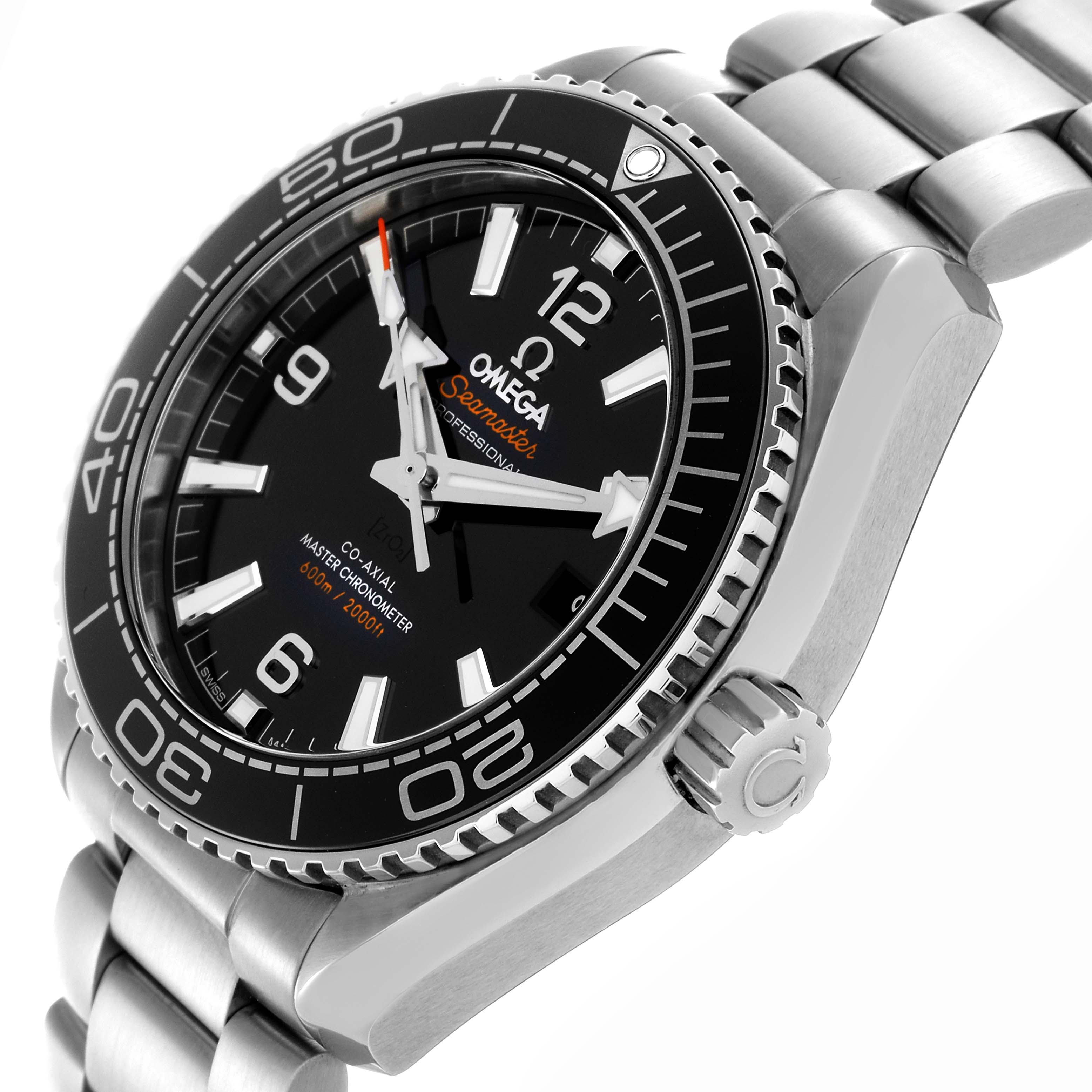 The Omega Planet Ocean 215.30.40.20.01.001 Men
s Stainless Steel Black Dial 215.30.40.20.01.001 Men
s Stainless Steel Black Dial watch is shown at an angled side view, highlighting the bezel, crown, and part of the bracelet.