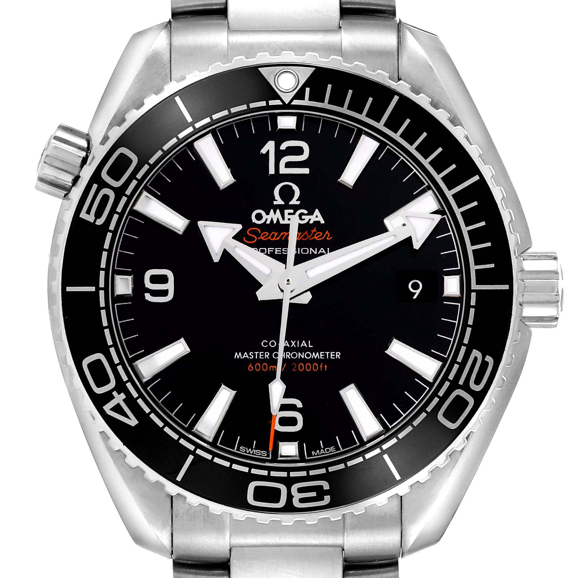 This Omega Planet Ocean 215.30.40.20.01.001 Men
s Stainless Steel Black Dial 215.30.40.20.01.001 Men
s Stainless Steel Black Dial watch is shown from a front angle, highlighting the dial, bezel, hands, and crown.