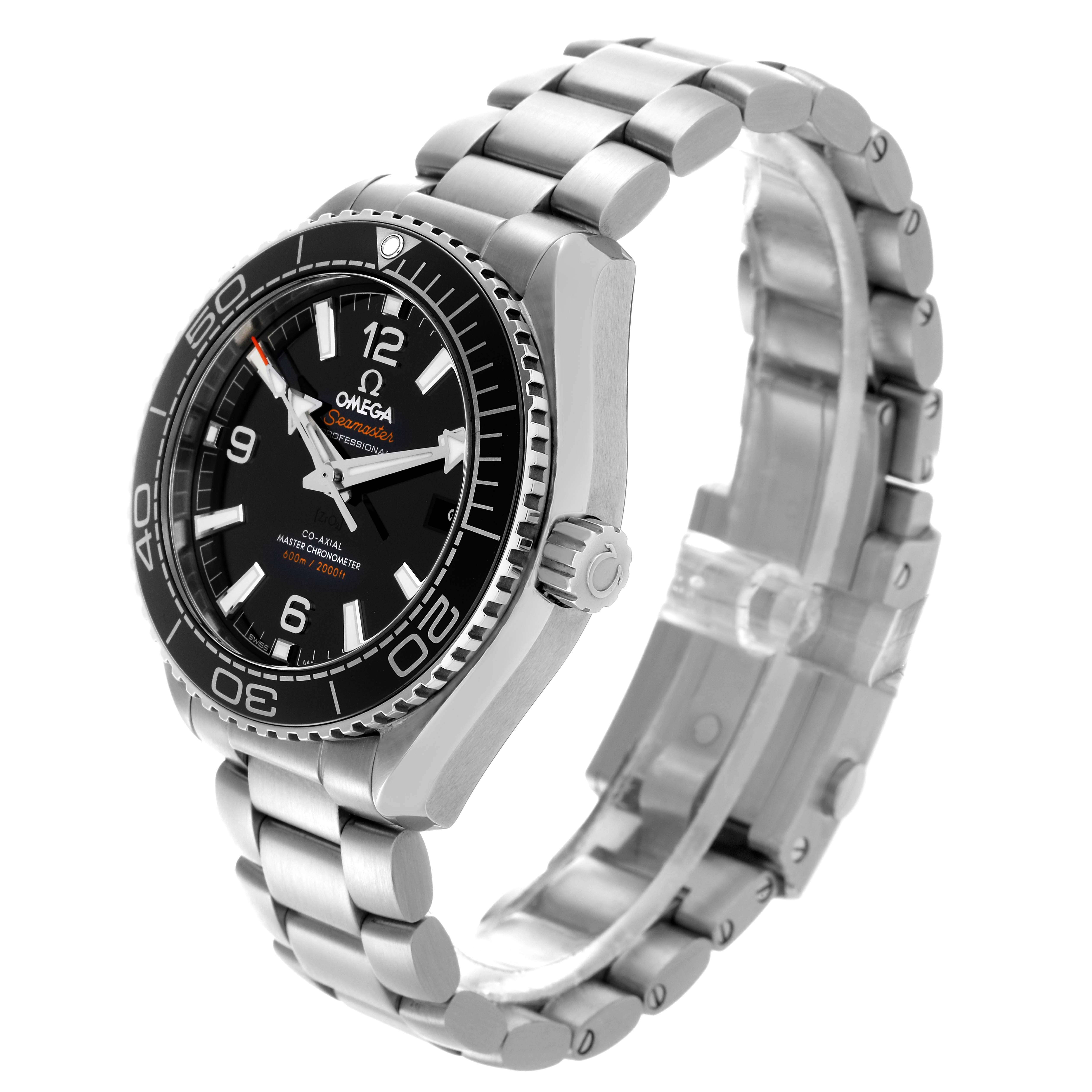 The Omega Planet Ocean 215.30.40.20.01.001 Men
s Stainless Steel Black Dial 215.30.40.20.01.001 Men
s Stainless Steel Black Dial watch is shown from a side angle, highlighting the face, bezel, crown, and stainless steel bracelet.