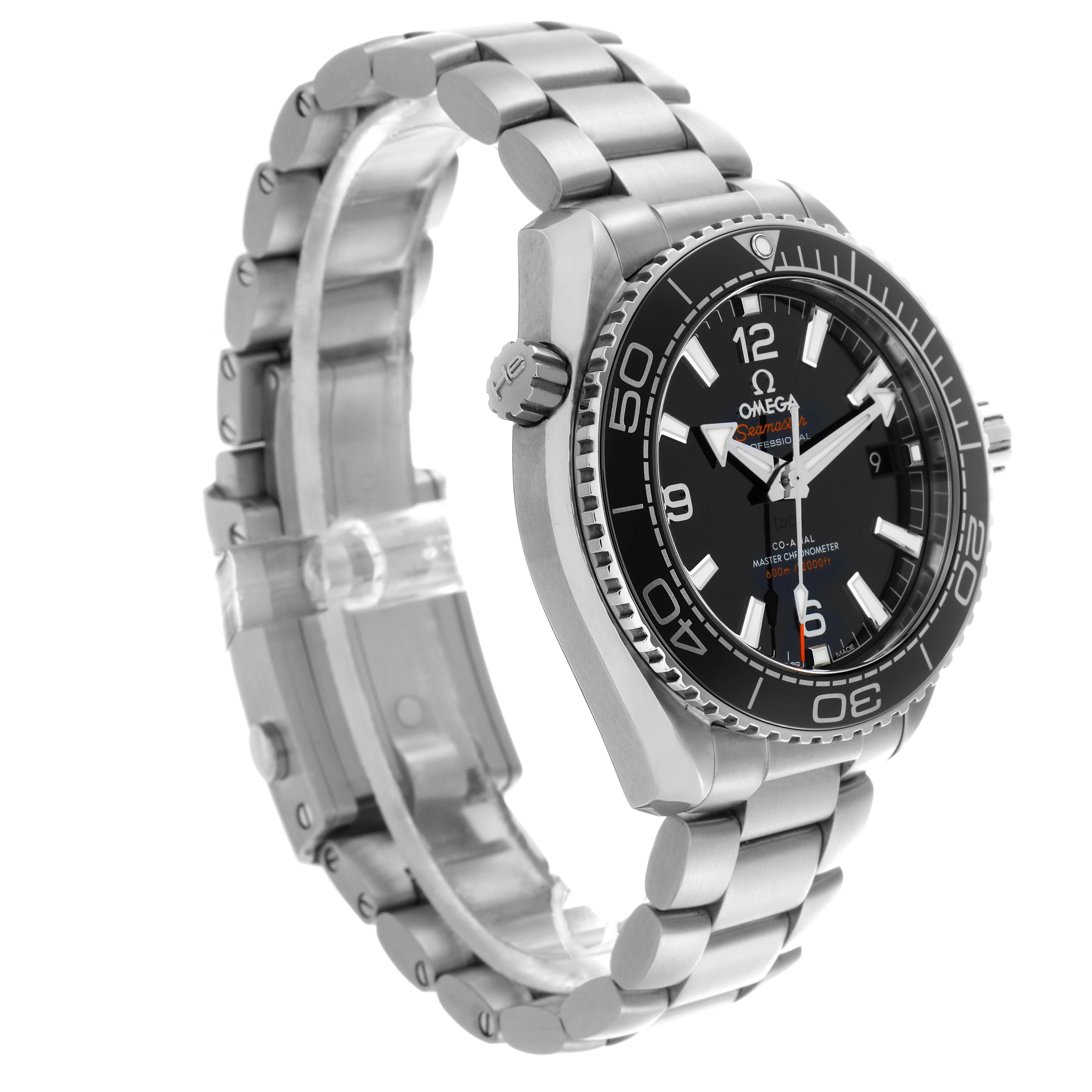 The Omega Planet Ocean 215.30.40.20.01.001 Men
s Stainless Steel Black Dial 215.30.40.20.01.001 Men
s Stainless Steel Black Dial watch is shown from a three-quarter angle, highlighting the dial, bezel, case, crown, and bracelet.