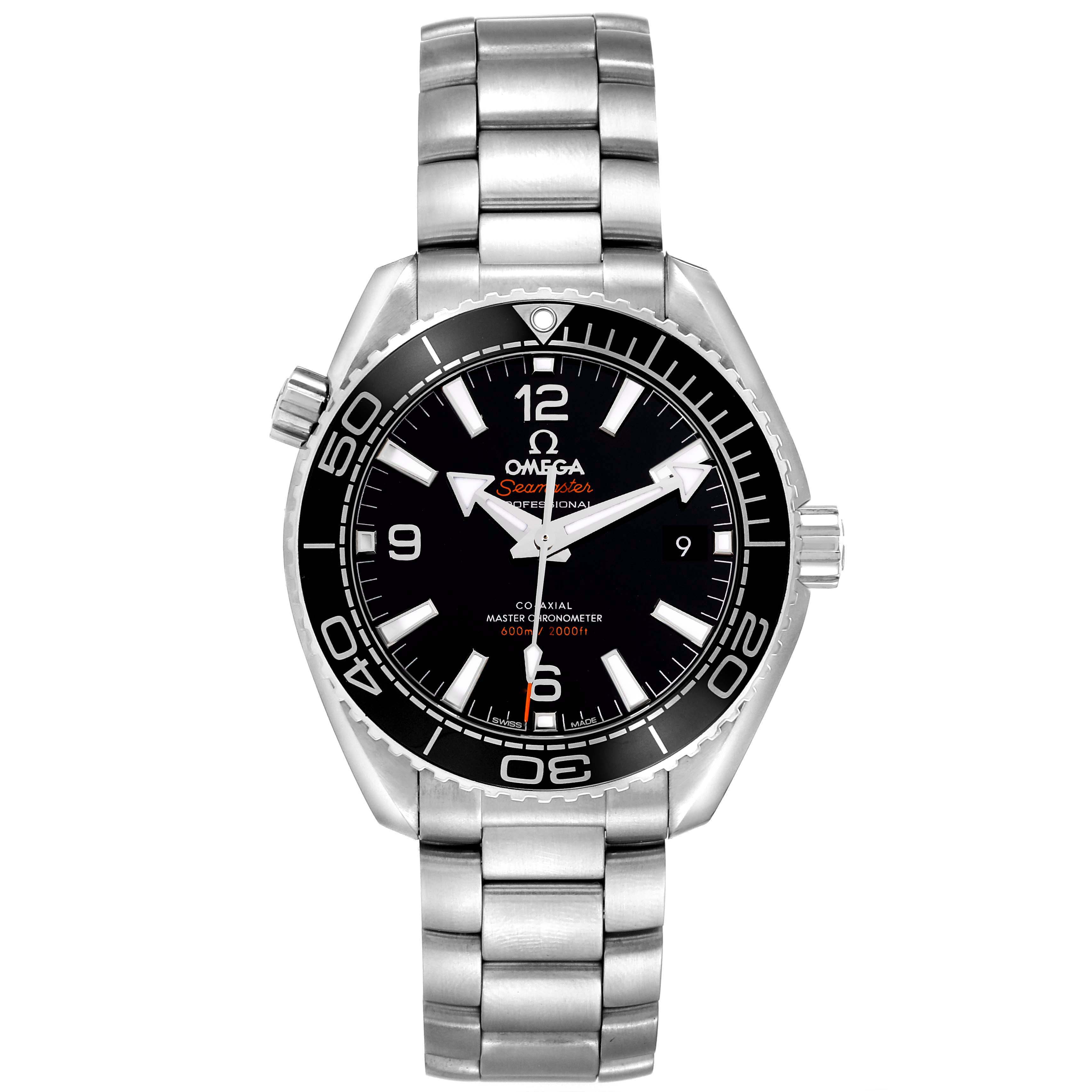 The Omega Planet Ocean 215.30.40.20.01.001 Men
s Stainless Steel Black Dial 215.30.40.20.01.001 Men
s Stainless Steel Black Dial watch is shown from a front angle, displaying the face, bezel, crown, and metal bracelet.