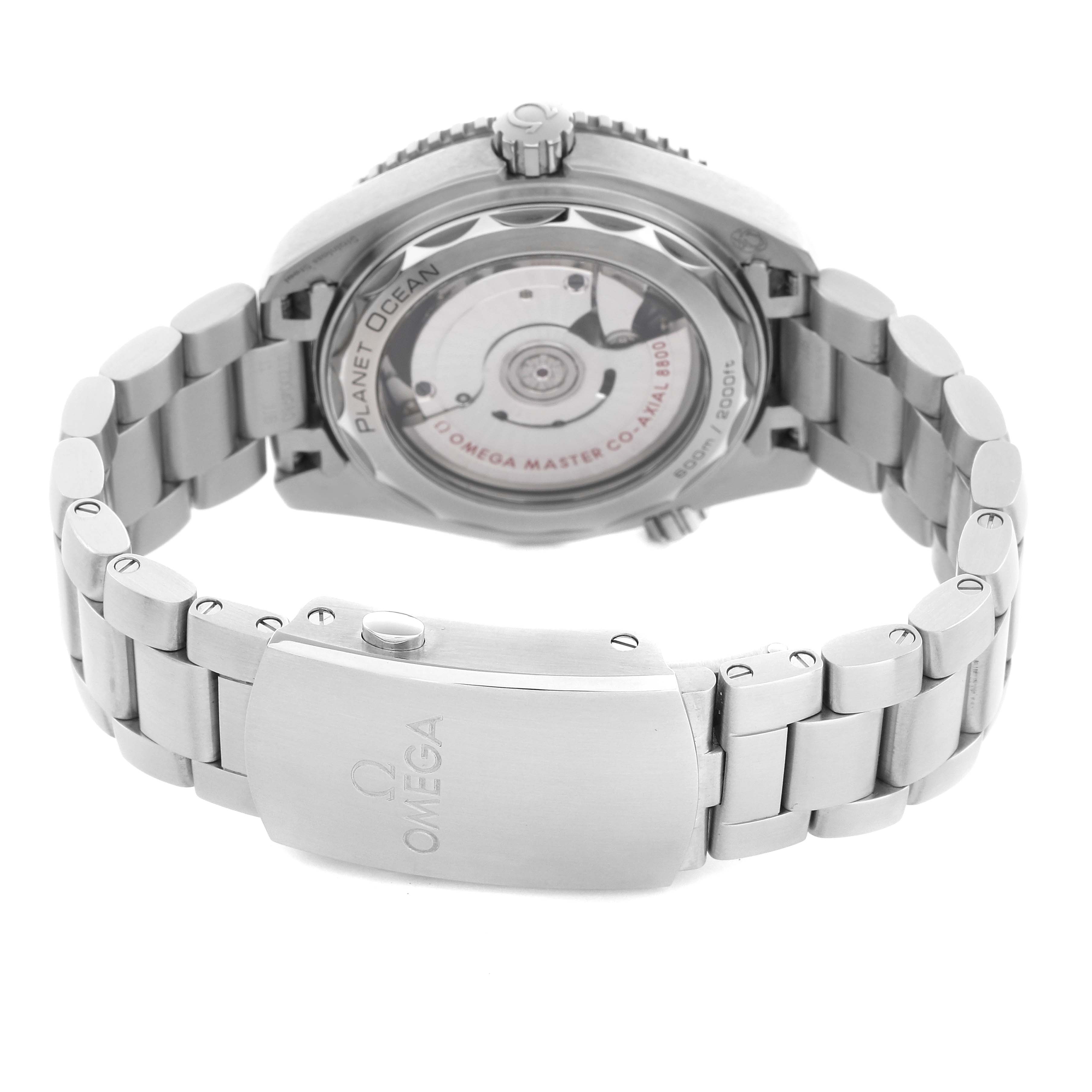 The image shows the back of the Omega Planet Ocean 215.30.40.20.01.001 Men
s Stainless Steel Black Dial 215.30.40.20.01.001 Men
s Stainless Steel Black Dial watch, displaying the movement and bracelet clasp.