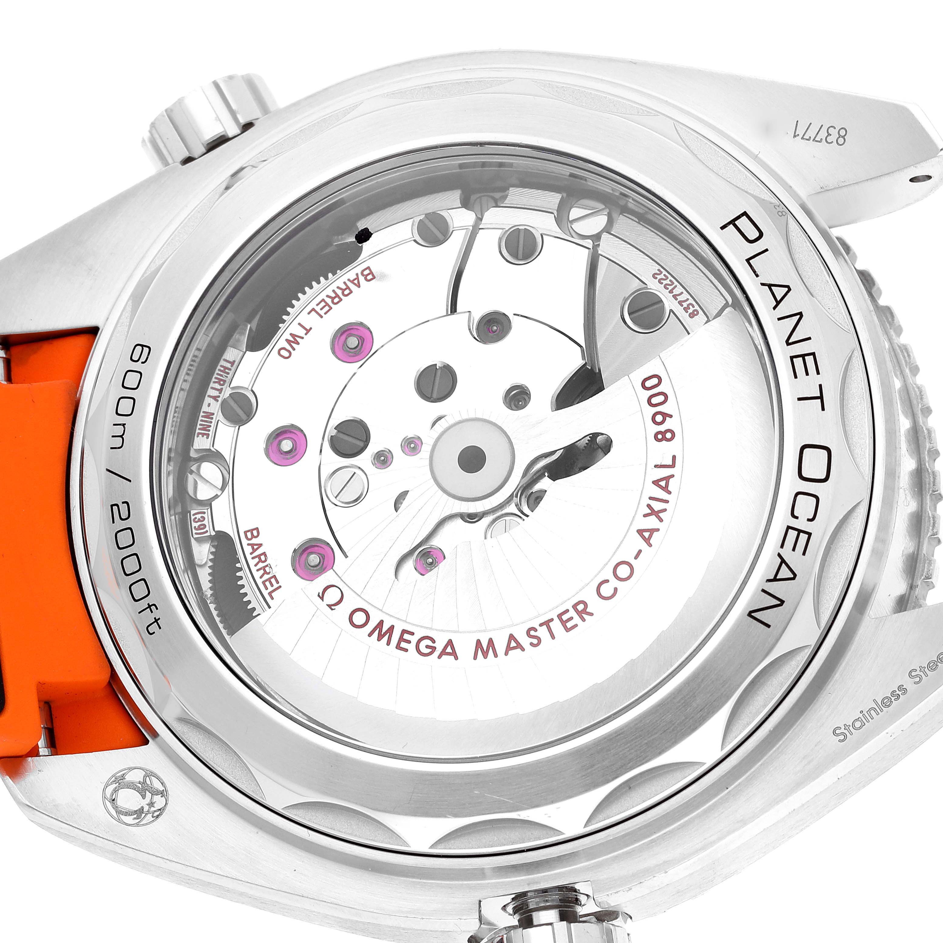 The image shows the caseback of the Omega Planet Ocean 215.32.44.21.01.001 Men's Stainless Steel Black Dial 215.32.44.21.01.001 Men's Stainless Steel Black Dial watch, revealing its mechanical movement and inner workings.