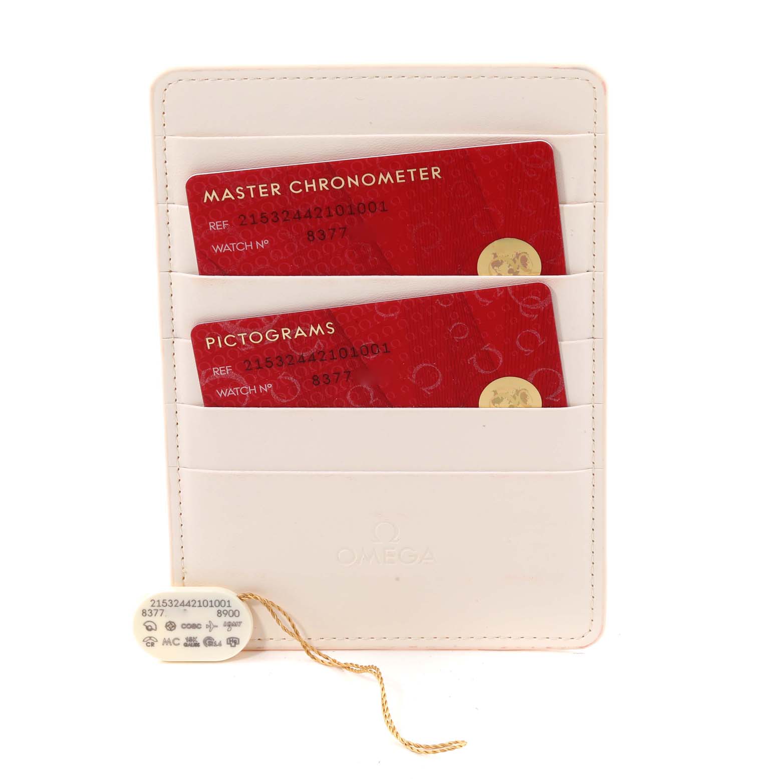 The image shows a front view of the Omega Planet Ocean 215.32.44.21.01.001 Men's Stainless Steel Black Dial 215.32.44.21.01.001 Men's Stainless Steel Black Dial watch cards and holder, including Master Chronometer and Pictograms cards.