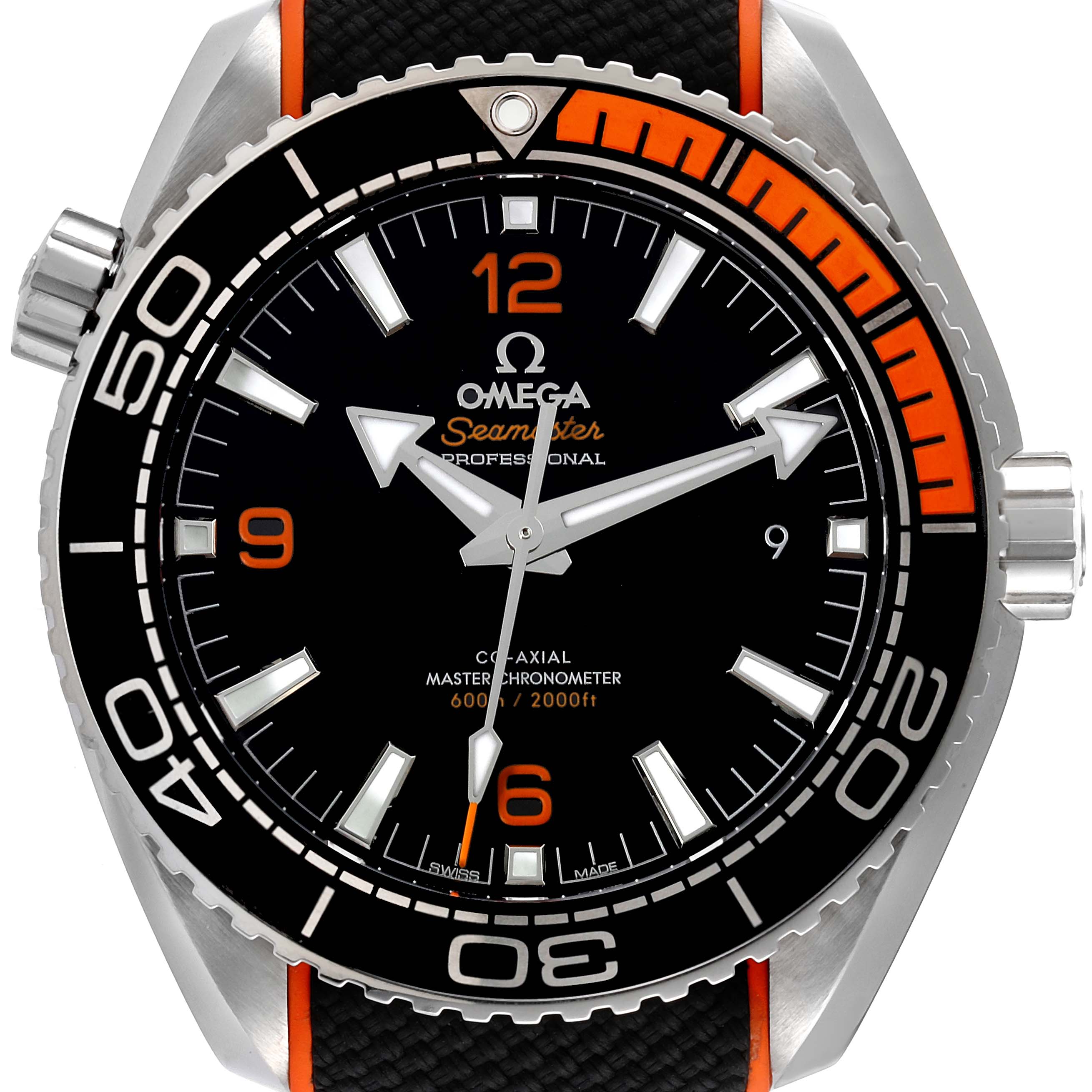 The image shows a close-up, front view of an Omega Seamaster Planet Ocean watch, highlighting the dial, bezel, and crown.