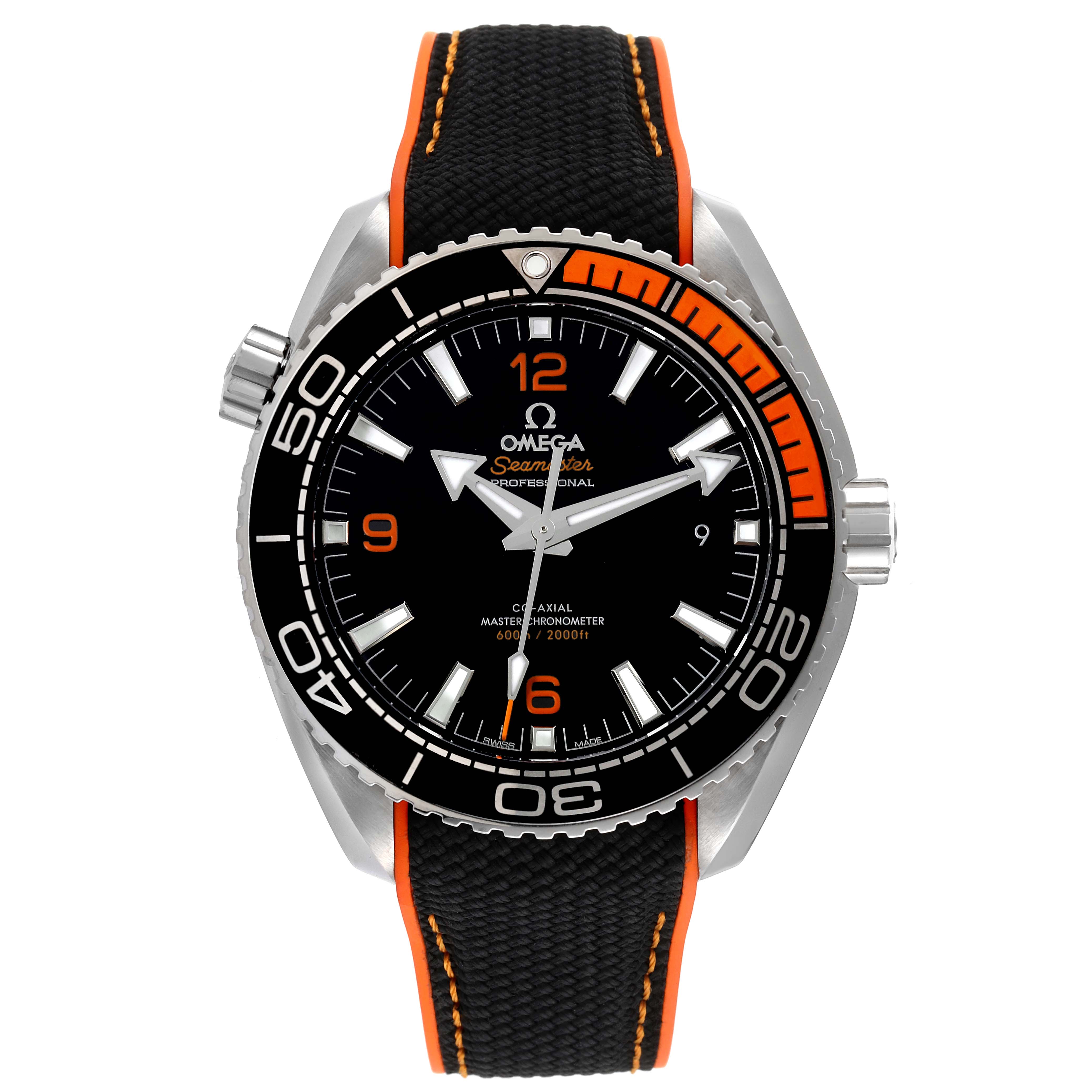 The image shows a front view of an Omega Planet Ocean 215.32.44.21.01.001 Men's Stainless Steel Black Dial 215.32.44.21.01.001 Men's Stainless Steel Black Dial watch with a black dial, orange numerals, and a black strap with orange accents.