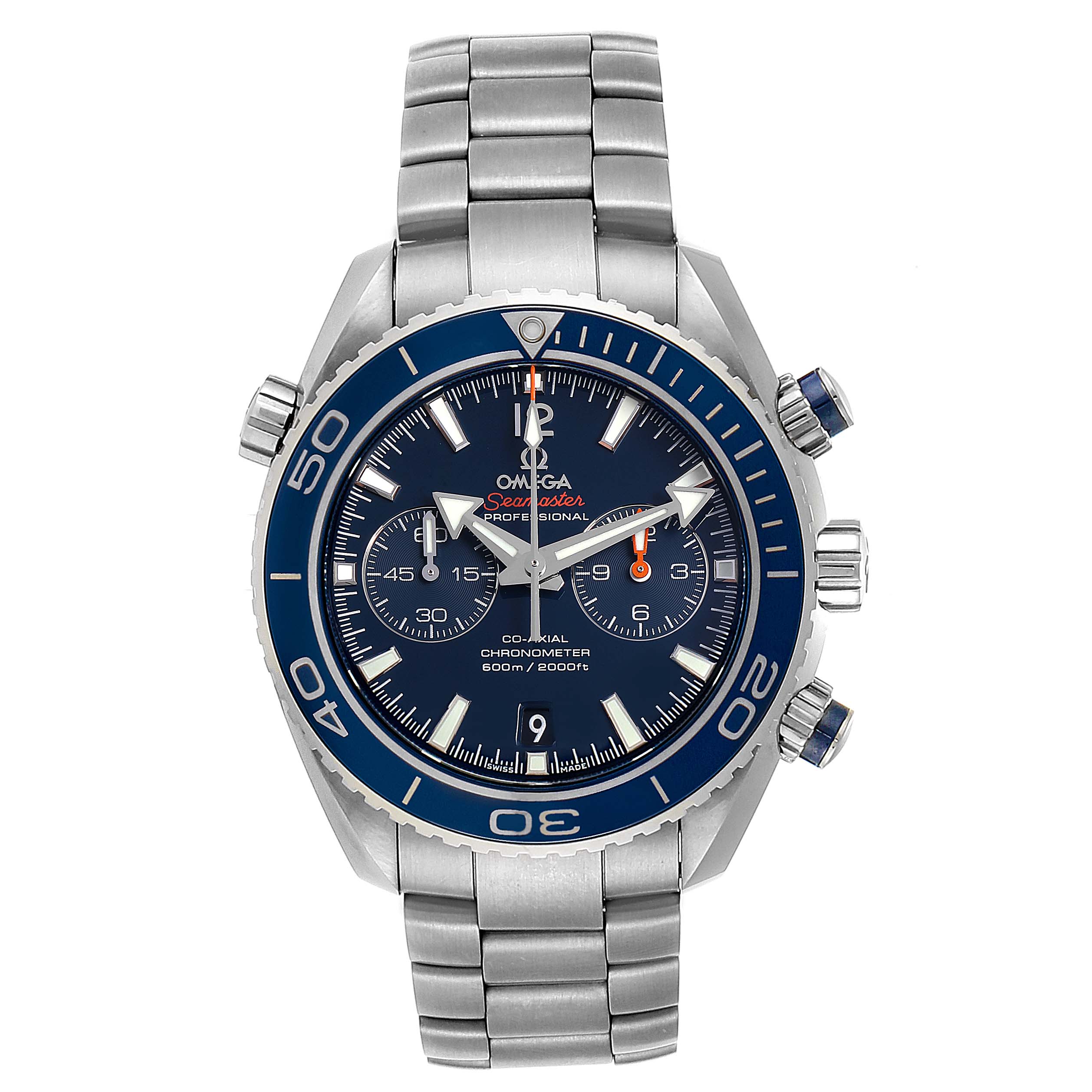 The Omega Planet Ocean 232.90.46.51.03.001 Men's Titanium Blue Dial 232.90.46.51.03.001 Men's Titanium Blue Dial watch is shown from a front angle, displaying its face, casing, and full bracelet.