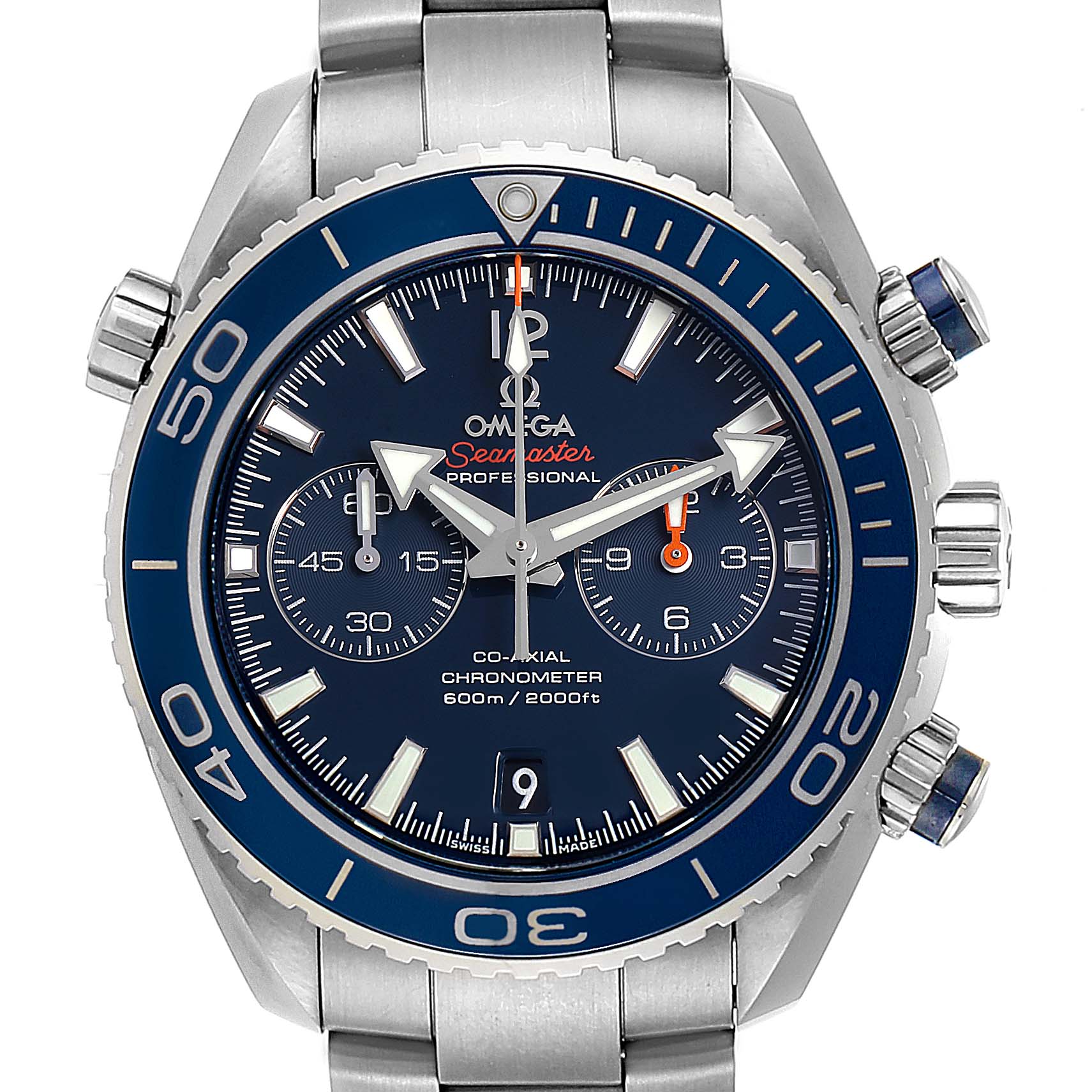 The image shows a front view of the Omega Seamaster Planet Ocean watch, highlighting its dial, bezel, and bracelet.