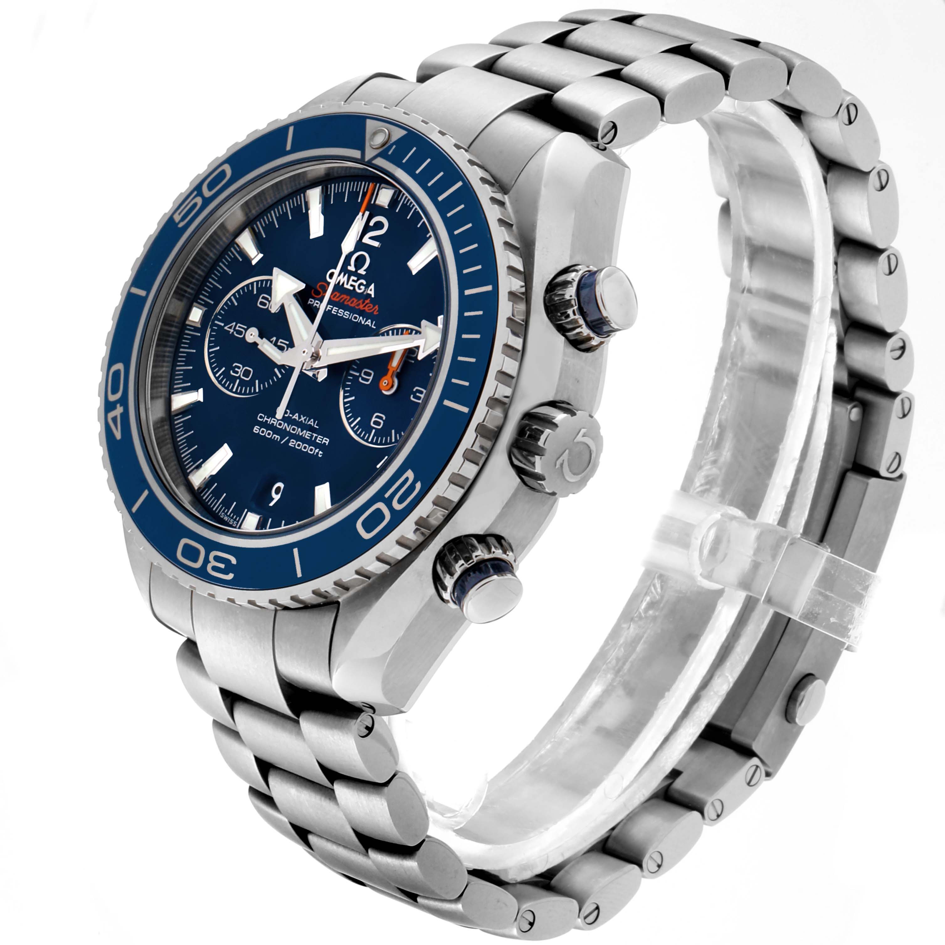 The image shows a side angle view of the Omega Planet Ocean 232.90.46.51.03.001 Men's Titanium Blue Dial 232.90.46.51.03.001 Men's Titanium Blue Dial watch, highlighting the bezel, crown, and bracelet.