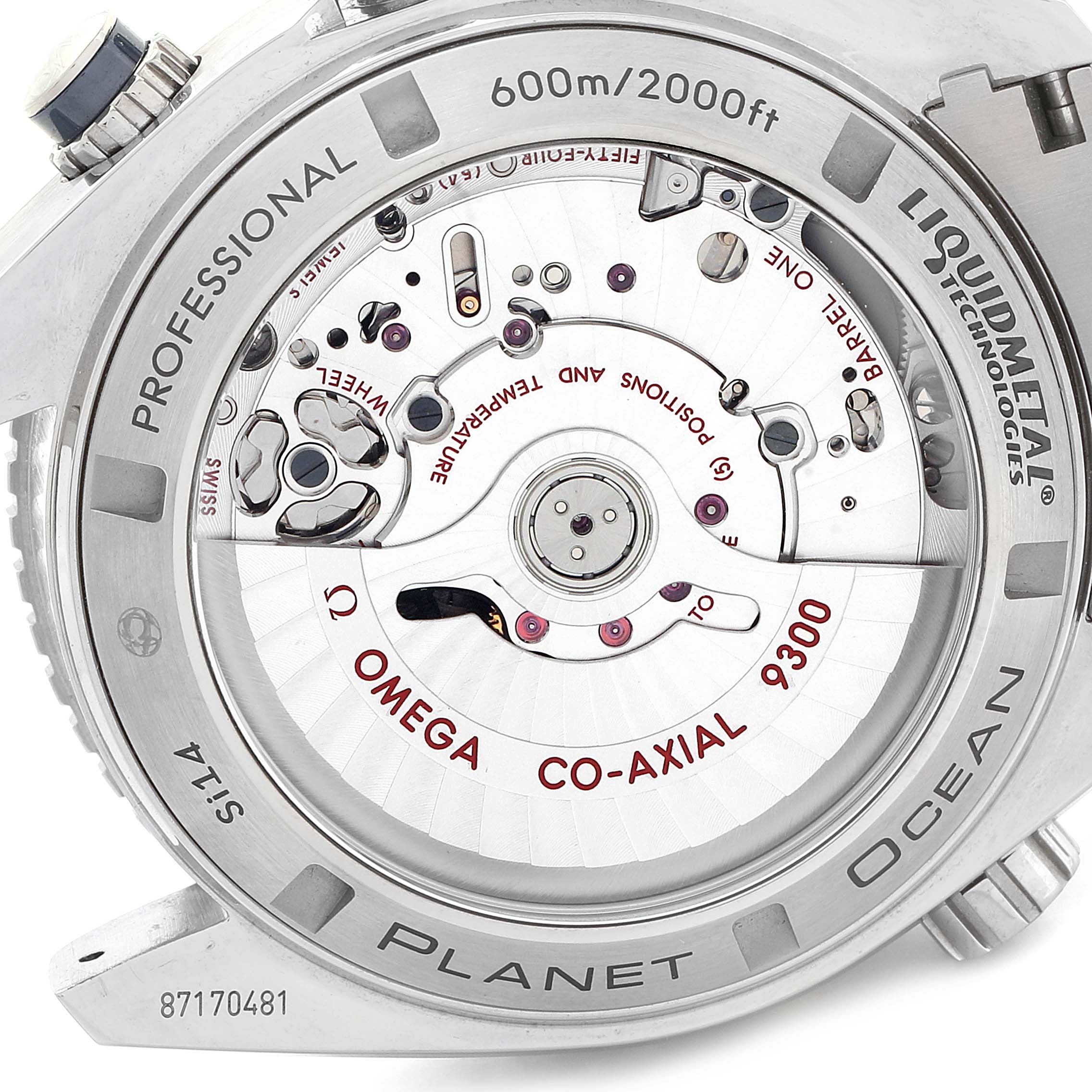 This image shows the case back of the Omega Planet Ocean 232.90.46.51.03.001 Men's Titanium Blue Dial 232.90.46.51.03.001 Men's Titanium Blue Dial watch, revealing its Co-Axial 9300 movement and internal components.