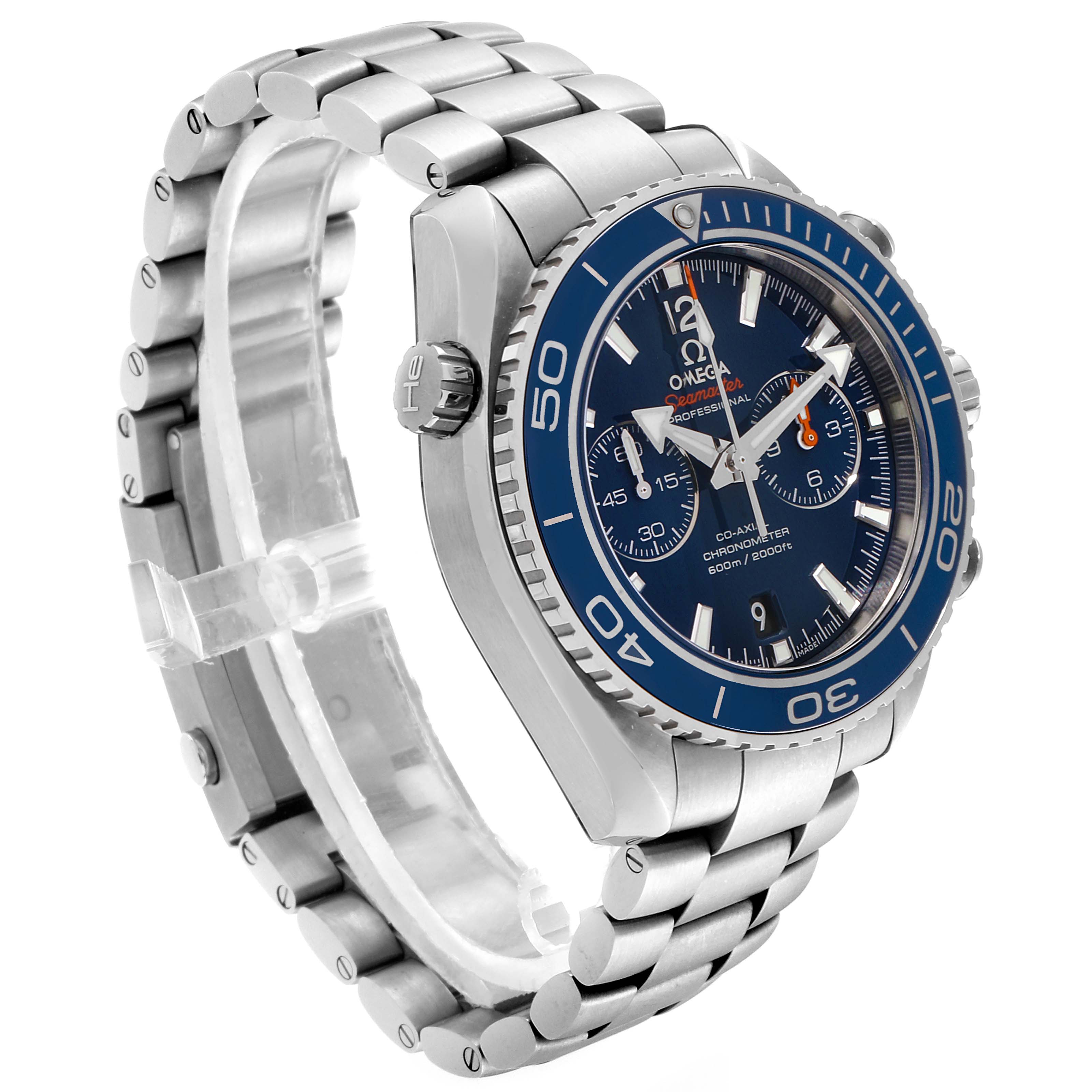 The Omega Planet Ocean 232.90.46.51.03.001 Men's Titanium Blue Dial 232.90.46.51.03.001 Men's Titanium Blue Dial watch is shown at an angle showcasing its face, bezel, crown, and stainless steel bracelet.