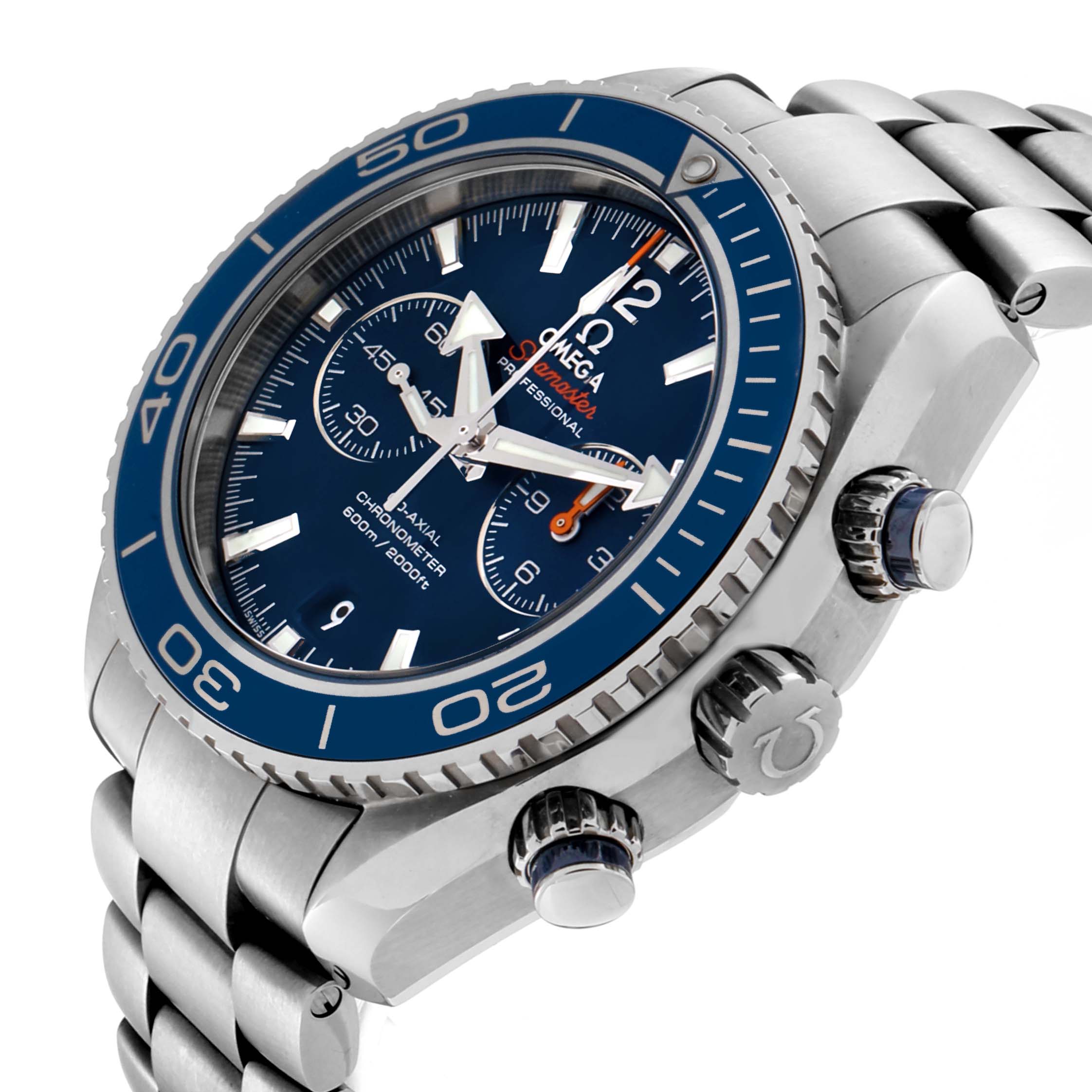 This image shows an angled view of the Omega Planet Ocean 232.90.46.51.03.001 Men's Titanium Blue Dial 232.90.46.51.03.001 Men's Titanium Blue Dial watch, featuring the face, bezel, and side pushers.