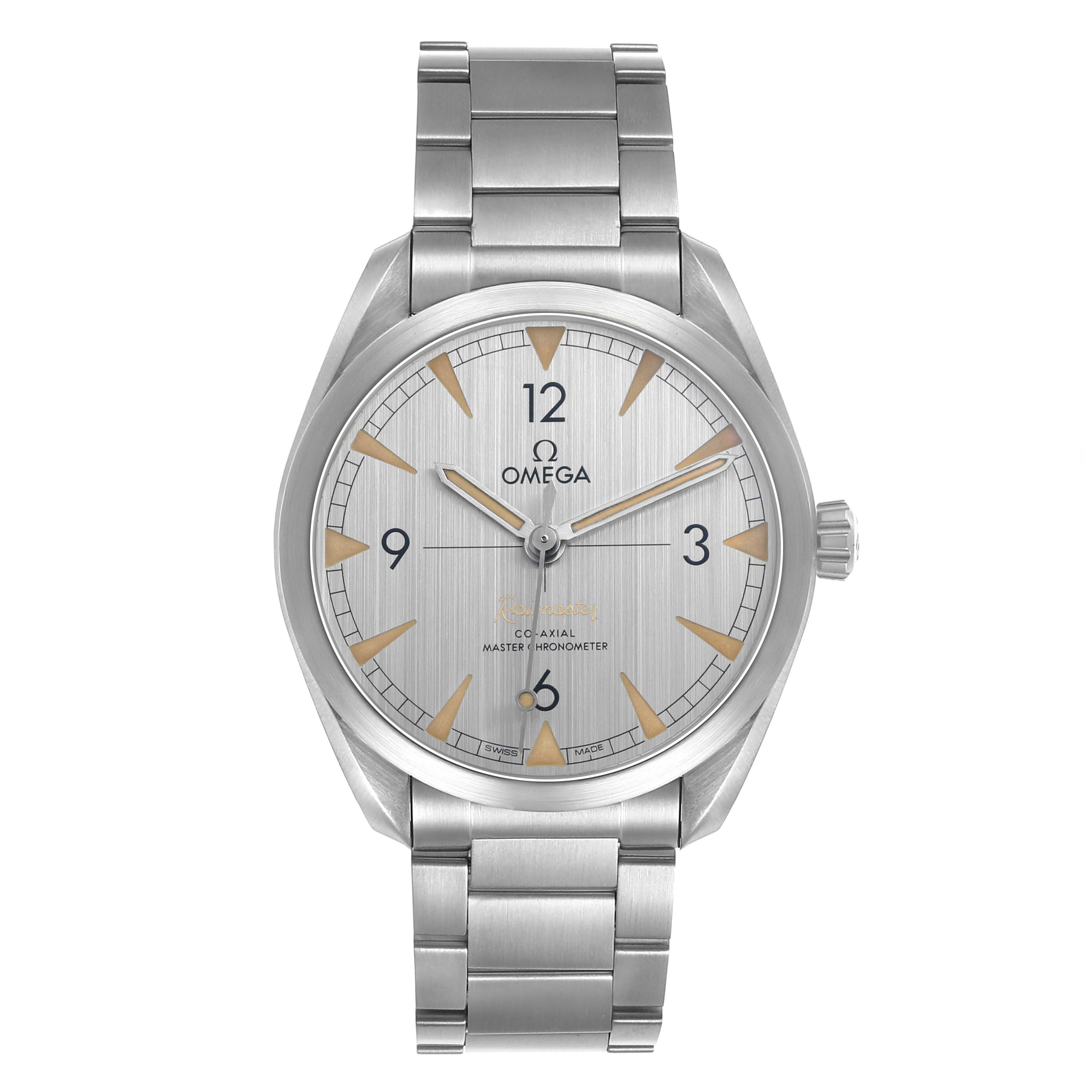 The Omega Aqua Terra 220.10.40.20.06.001 Men's Stainless Steel Grey Dial watch is shown from a top view, displaying the dial, bracelet, and crown.
