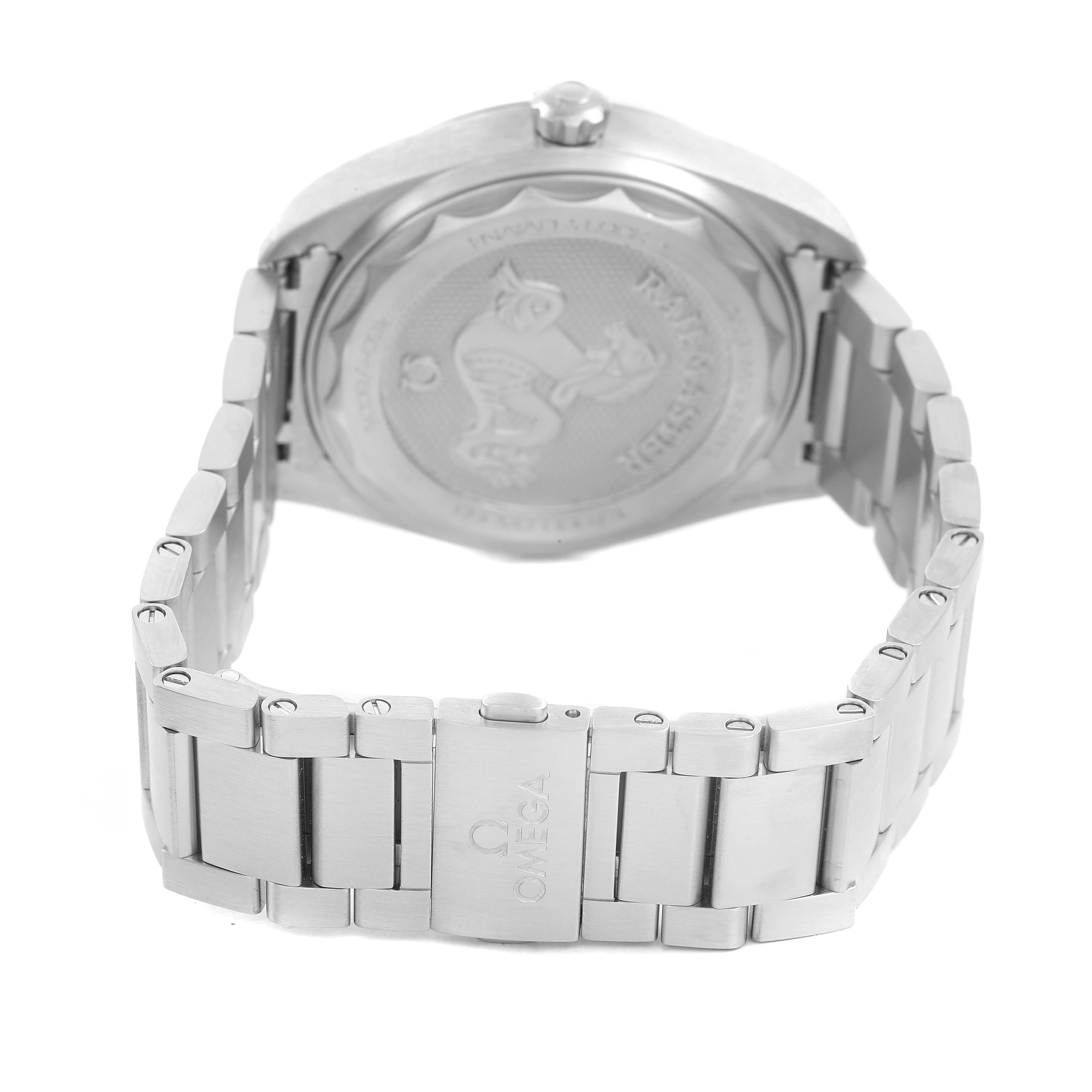 The Omega Aqua Terra 220.10.40.20.06.001 Men's Stainless Steel Grey Dial watch is shown from the back, highlighting the clasp, bracelet, and case back.