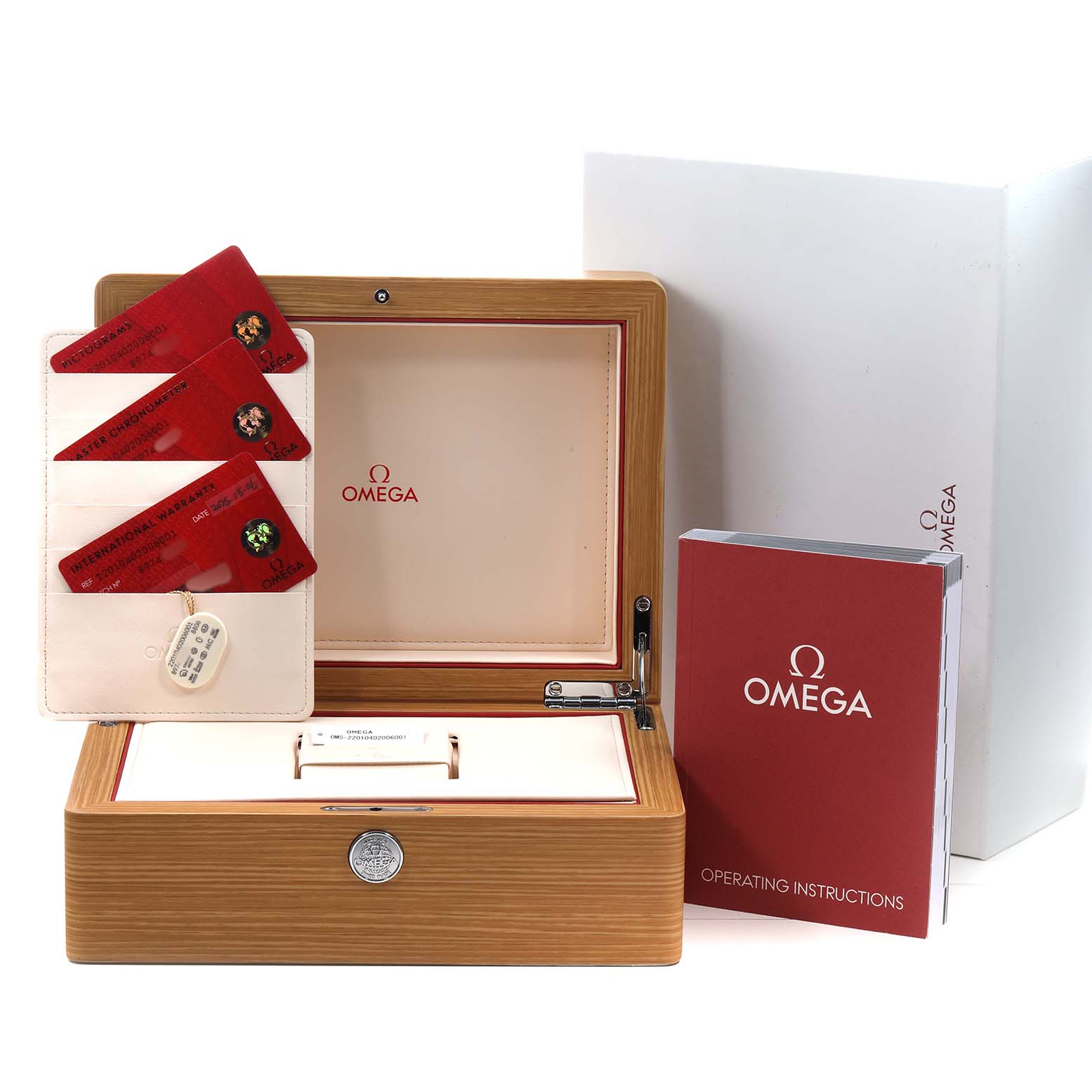 The image shows an Omega Aqua Terra 220.10.40.20.06.001 Men's Stainless Steel Grey Dial package with a wooden box, warranty cards, and an operating instructions booklet.